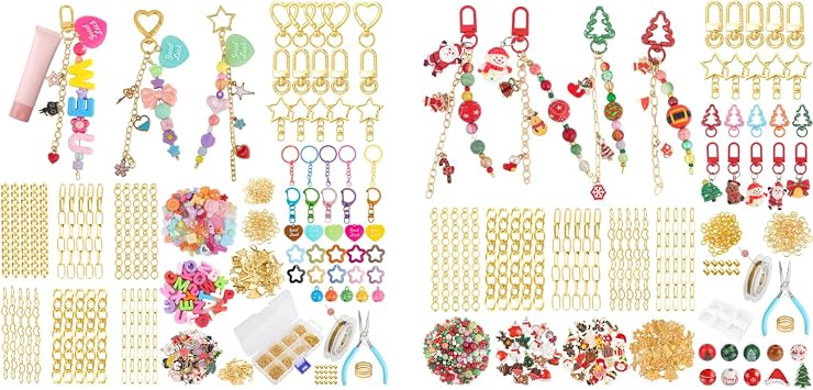 Ecoofor Keychain Making Kit Bundle, 702 Pcs Total Includes Regular & Christmas DIY Keychain Kits with Keychain Clips, Extender Chains, 240 Charms, Beads, Accessories & Jewelry Pliers for Kids & Adul