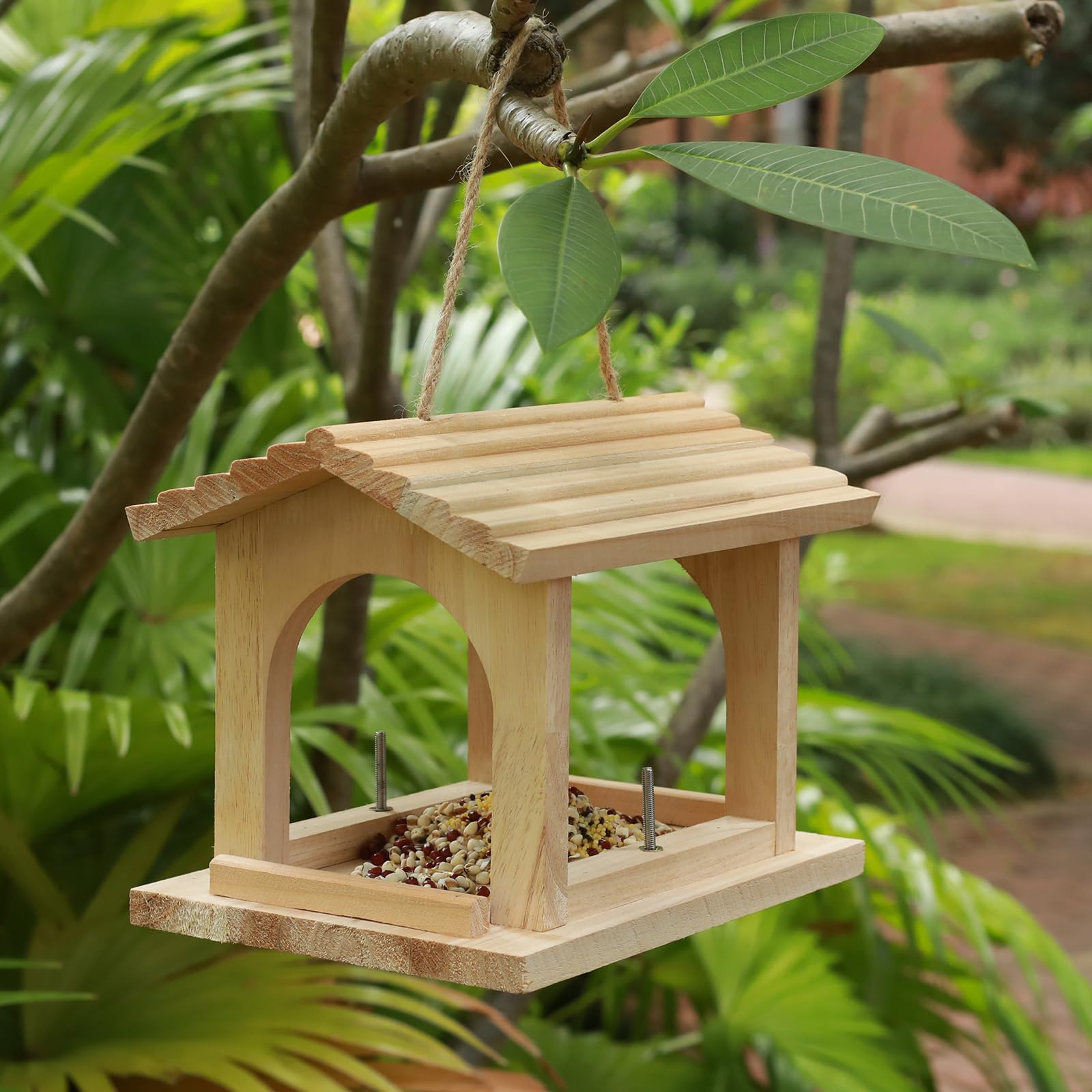 Comedero para pájaros de madera al aire libre, comedero colgante para pájaros, decoración de jardín al aire libre, para pinzones, cardenales, gallinas y gorriones, observación de aves