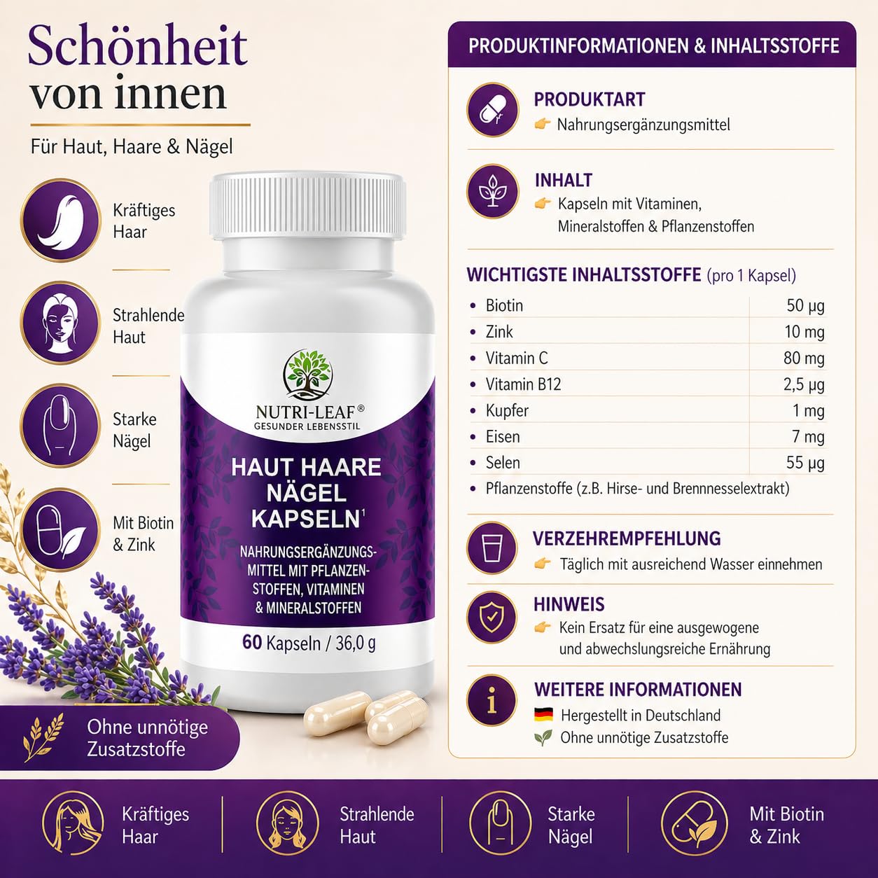 NUTRI-LEAF Haut-Haare-Nägel Kapseln hochdosiert mit Biotin, Silicium, Hirse, Brennnessel, Zink und B Vitaminen – Nahrungsergänzungsmittel (5)