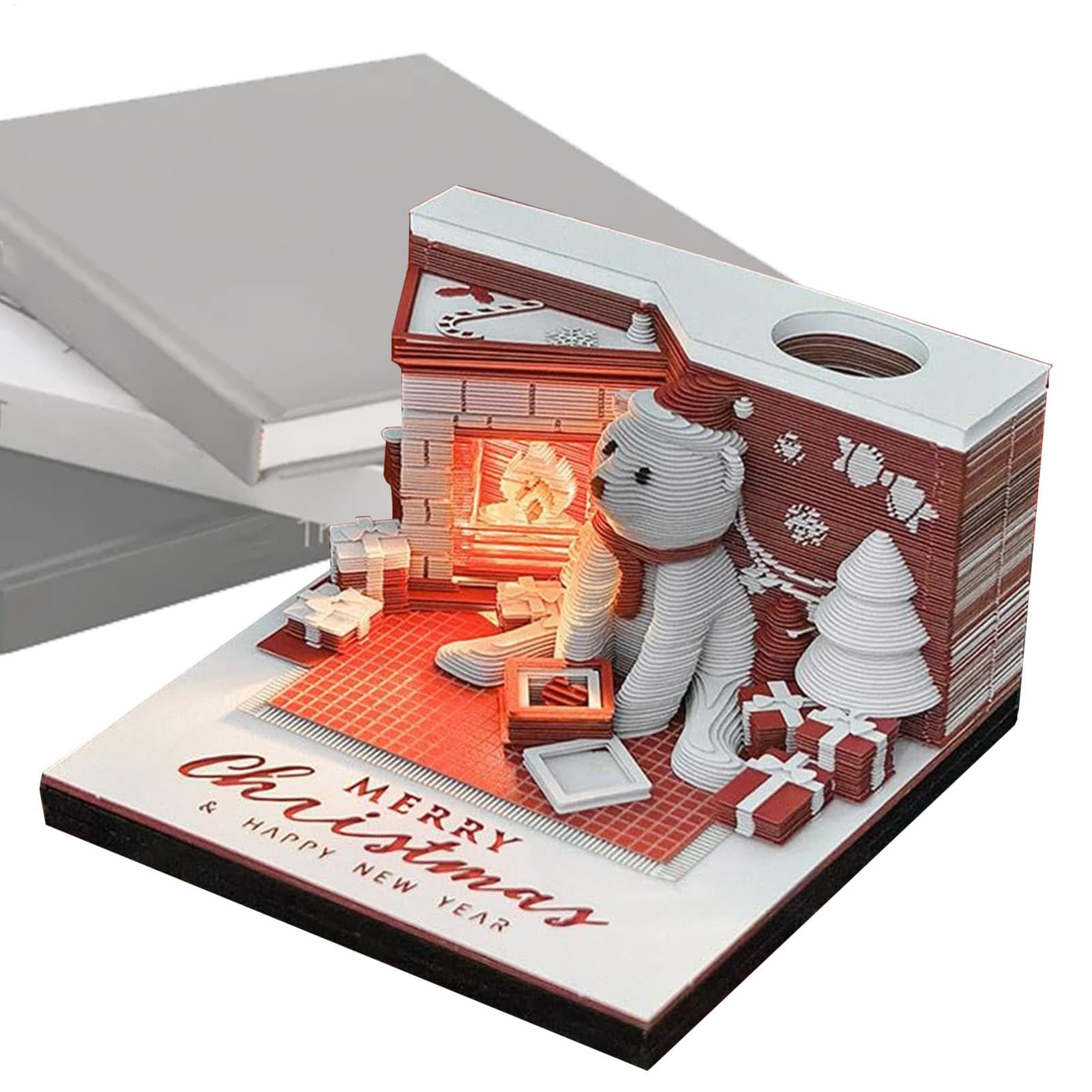 3D Memo Pad Kalender 2025 Weihnachtsbären-Design mit LED-Beleuchtung und | Tischkalender für Schreibtisch, Schlafzimmer, Wohnzimmer, Büro, Heimdeko, , Nachttisch, Tischschmuc