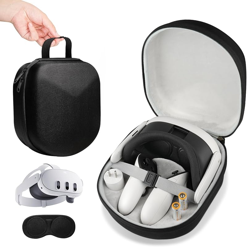 sarlar Estuche rígido de transporte para auriculares Meta Quest 3 VR, controlador táctil y correa de tela original para la cabeza, forro suave, ranuras precisas con cubierta protectora de lente, ideal para viajes y almacenamiento en el hogar