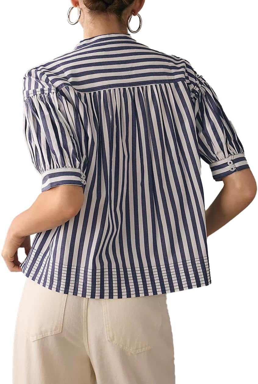 Women Puff Short Sleeve Blouse Trendy Striped V Neck Shirt Summer Business Casual Outfit Cute Babydoll Boho Loose Tops - Image 4