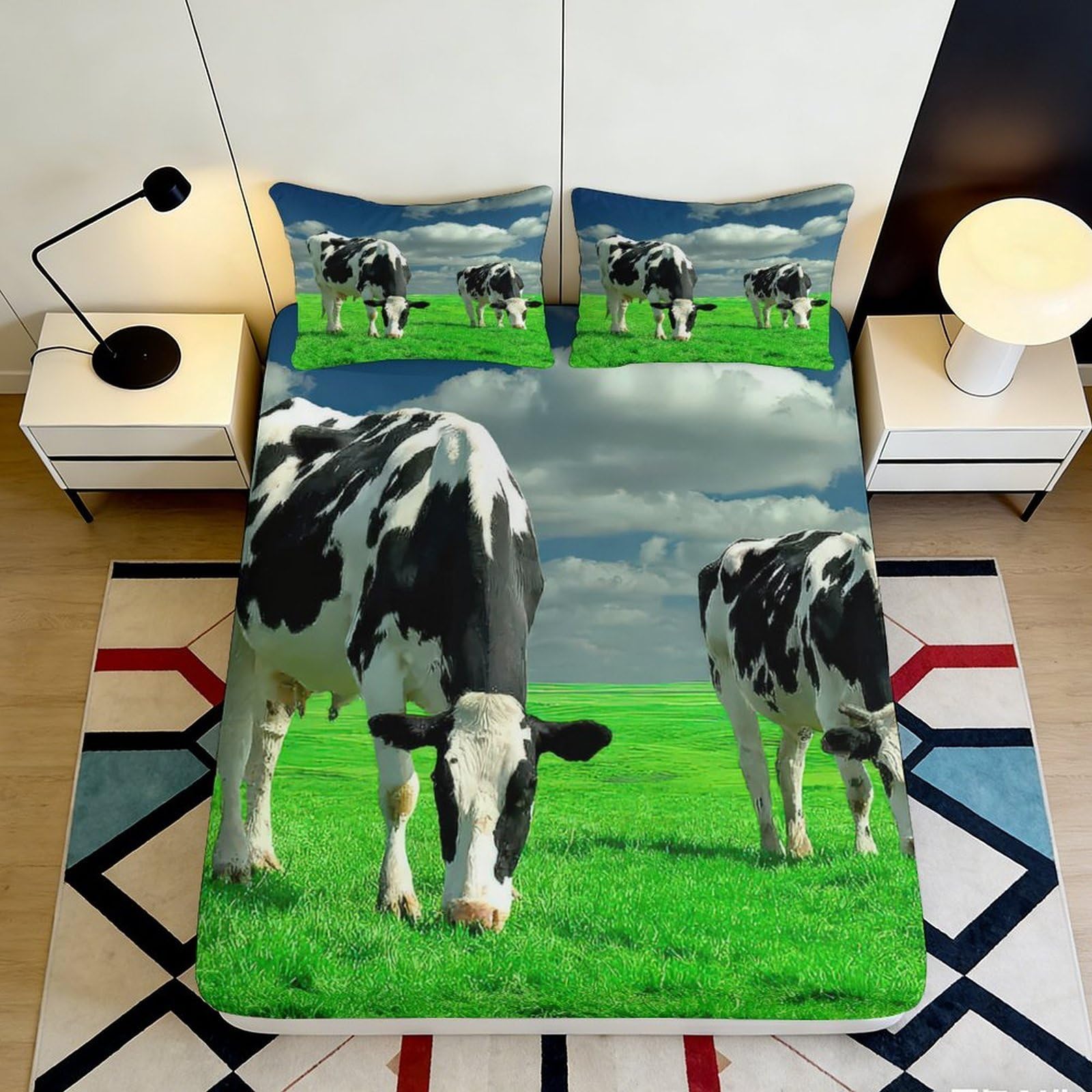 Uxinyoume Style-8 3D Printed Grazing Cow Fitted Sheet Microfiber Soft Breathable Pasture Field Mattress Cover Bedroom Decor 90X200x25cm