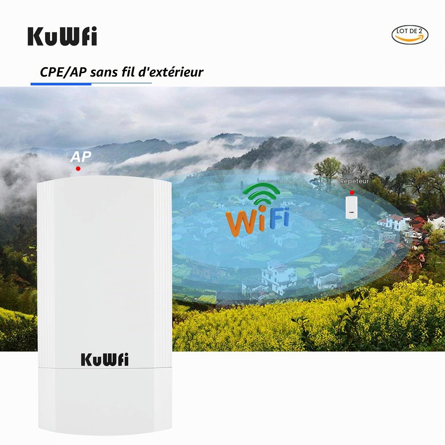 KuWFi Point d'accès WiFi 2-Pack 900Mbps Kit Longue portée intérieur-extérieur Point à Point sans Fil CPE Prend en Charge la Solution de Distance de Transmission de 2-3KM pour PTP, PTMP