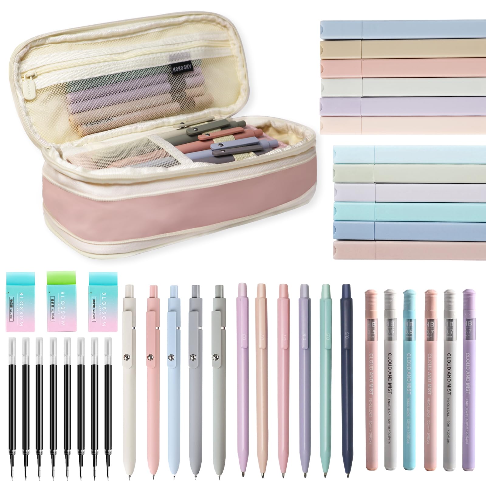 Ästhetisches Schulzubehör mit niedlichem Federmäppchen, 5 Gelstifte, 12 Pastell-Textmarker, 6 Druckbleistifte, 0,5 und 0,7 mm, für Schulbedarf, Pink, 41-teilig