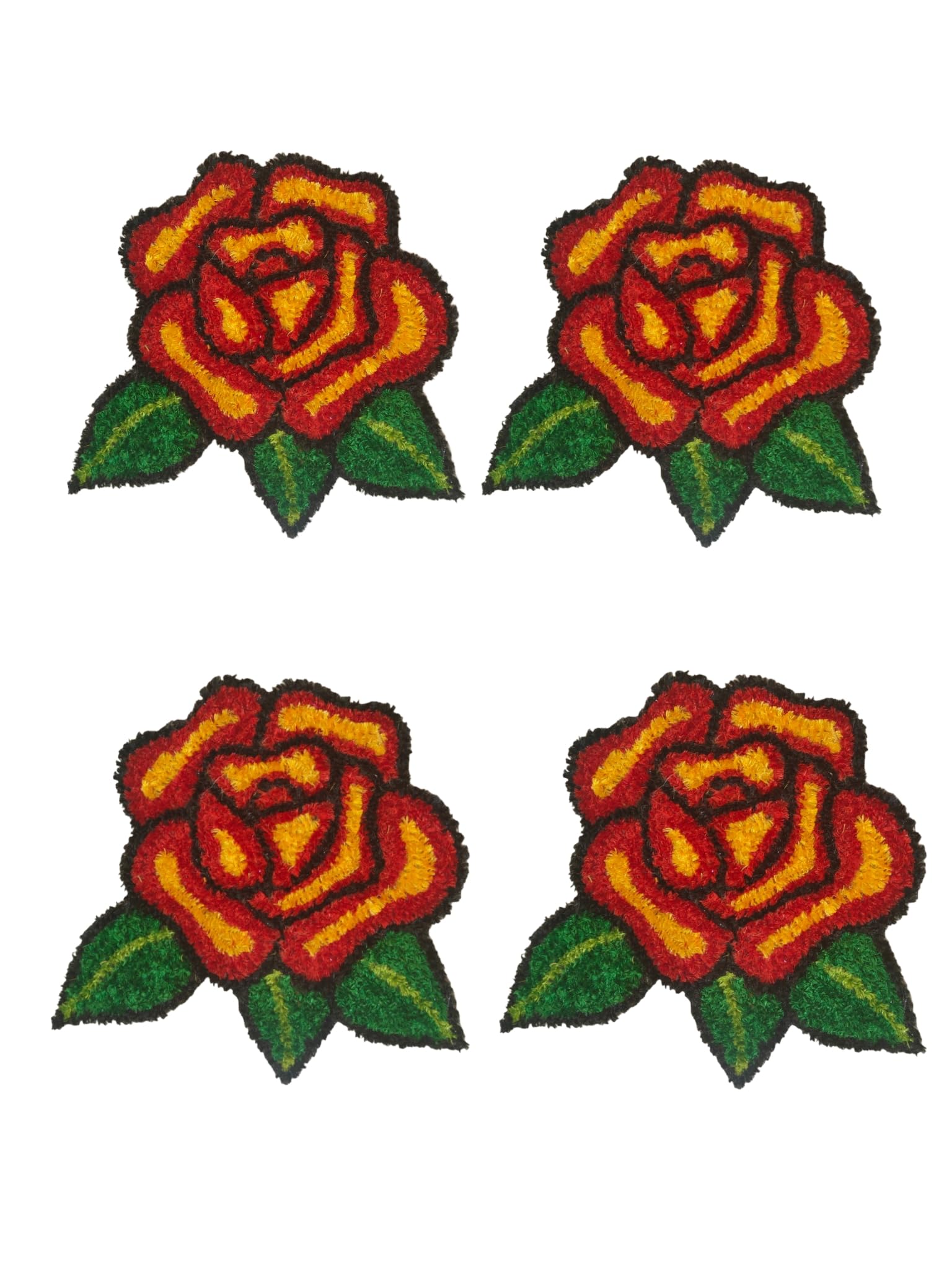 Rose Flower Embroidered Patches, Red and Yellow with Green Leaves, Set of 4 (Orange)-image-36