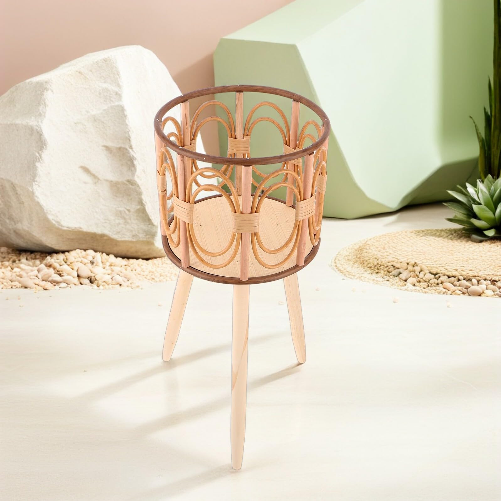 BESPORTBLE Support pour Jardinière Tressé Main en Bois avec Pieds, Diamètre 25 Cm, Hauteur Totale 53 Cm, Ventilation Efficace, Porte-Pots Décoratif sur Pied pour Intérieur et Extérieur,