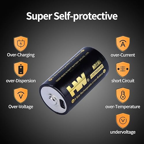 Miniatura 5 de HW Baterías recargables de celda D, batería de litio D con cable USB-C 2 en 1 cargador rápido, paquete de 2 7500 mWh D, más de 1000 ciclos, baterías