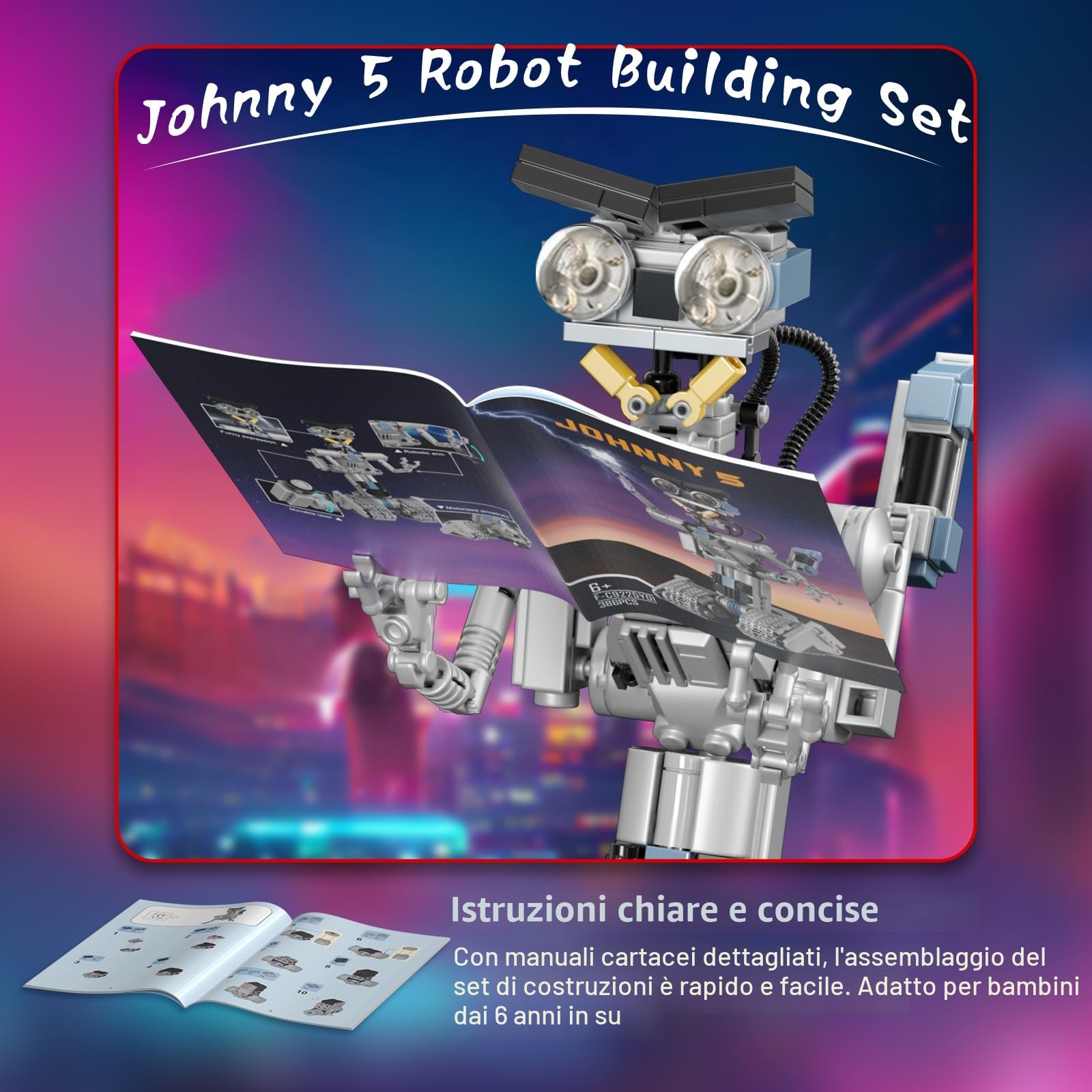 Johnny 5 robot giocattolo da costruzione per ragazzi e ragazze, robot Mecha, compatibile con Lego, Educare STEM dai 6 anni, Halloween (386 pezzi), F-C9225Y01