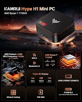 KAMRUI Mini Gaming PC, Hyper H1 win-11 Pro AMD Ryzen 7 7735HS (Beat 7730U/6800U, Up to 4.75GHz) Mini PC, 24GB LPDDR5 5500MT/s 512GB SSD Micro Pc, Mini Computer Triple 4K Display/2.5G LAN/WiFi6/BT5.2