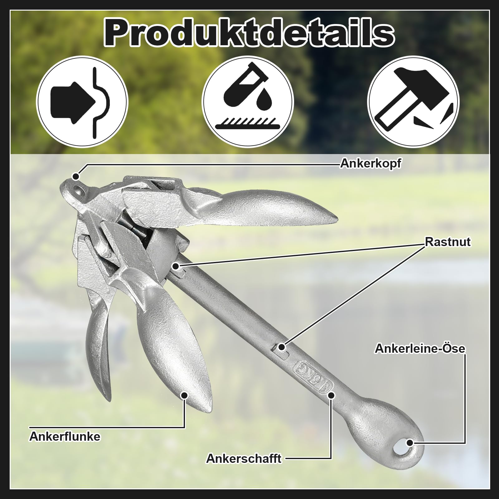 Anker Boot 6KG Faltanker mit 20 m Ankerleine und Tasche, Bootsanker | für Kajak, Schlauchboot, SUP-Board, Kanu und Motorboot, Boots Zubehör für Wassersport, Outdoor und Angeln