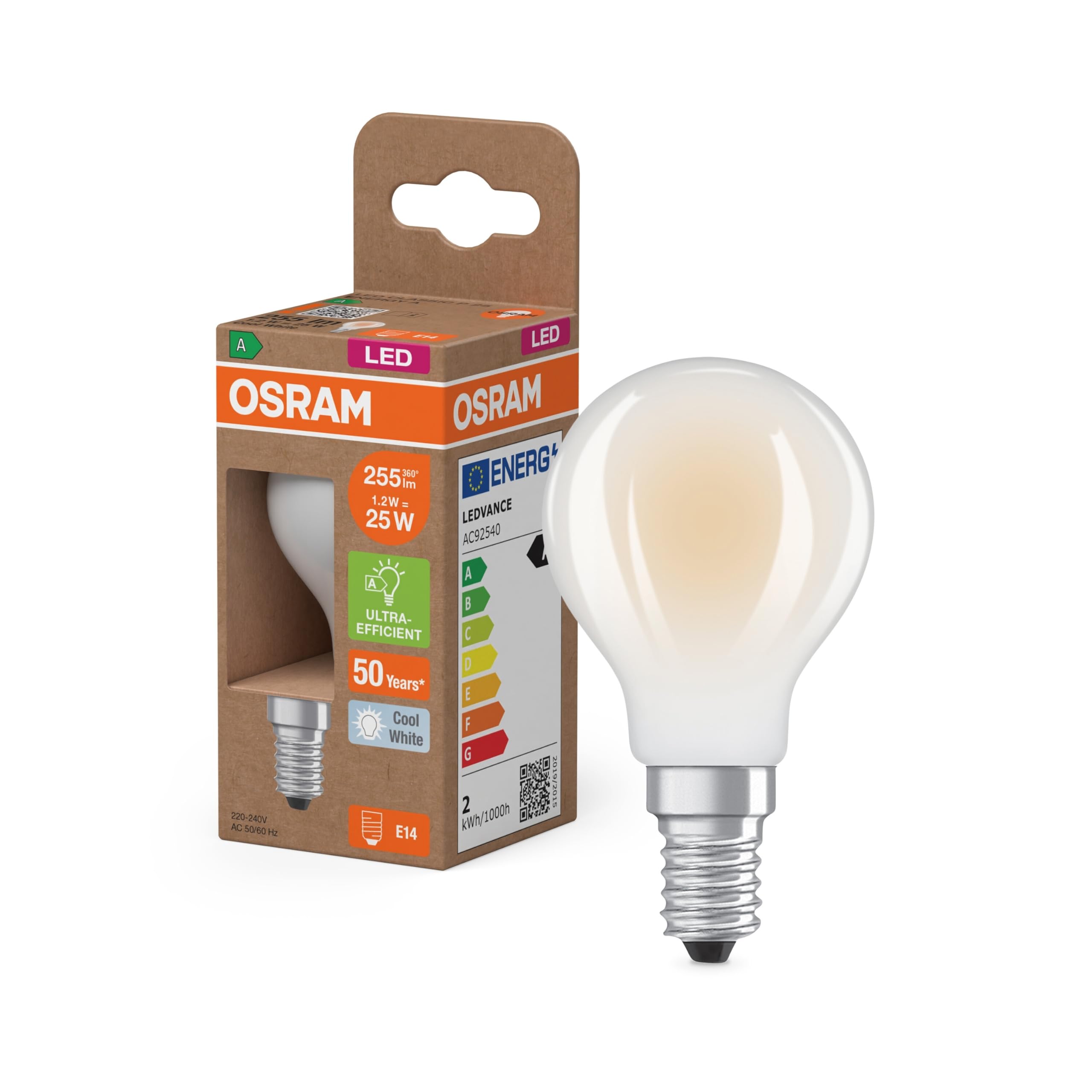 OSRAM Classic Mini Ball LED Light Bulb Frosted Decorative LED Filament Energy Class A E14 1.2W 255lm 4000K Cool White No Warm Up Instant 100% Light