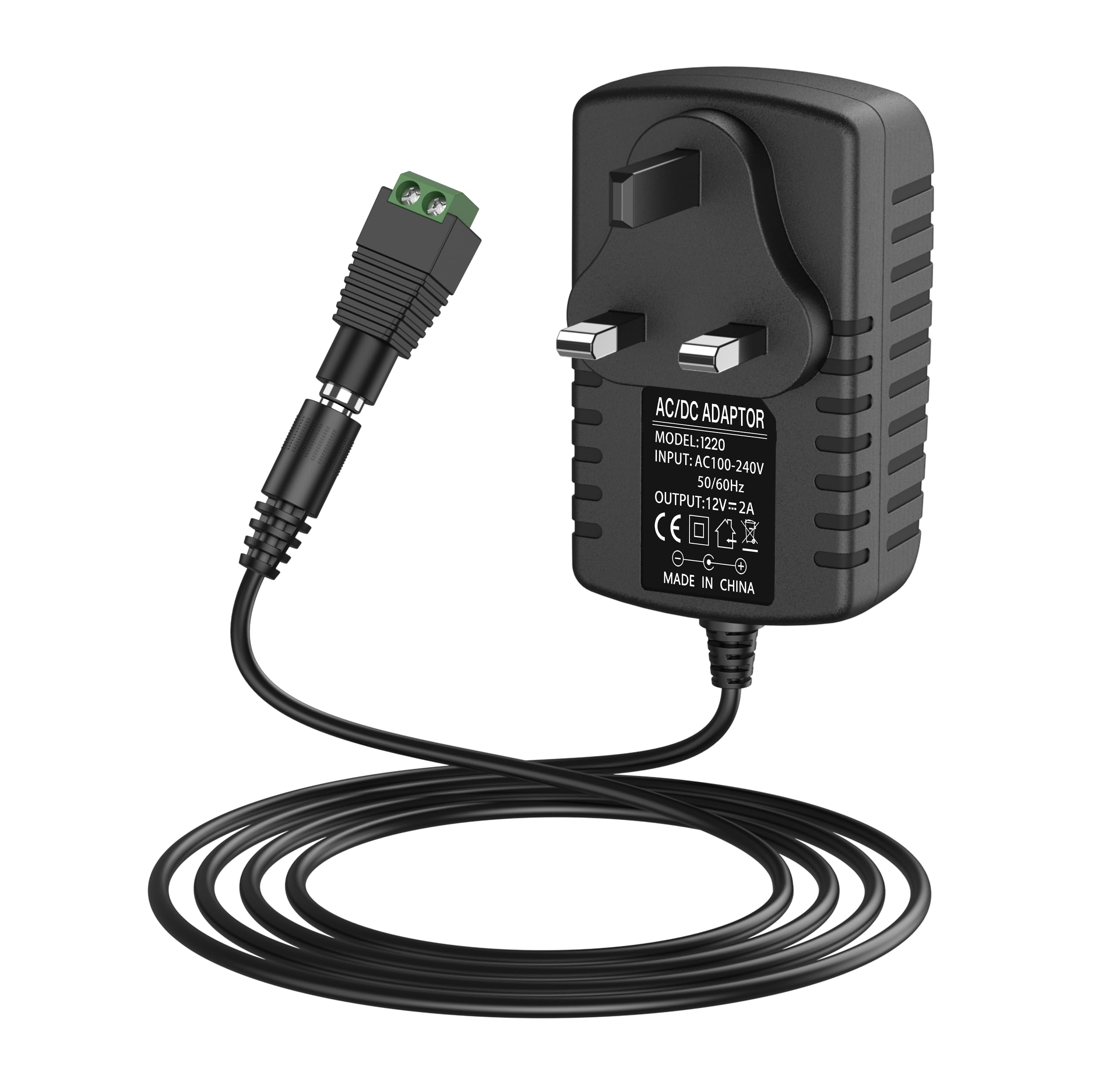 12V 2A Power Supply for LED Strip Lights, 100-240V AC to DC 12V Converter Adapter Driver Transformer, 24W UK Plug with 1.5M Cable, 5.5mm x 2.1mm Jack
