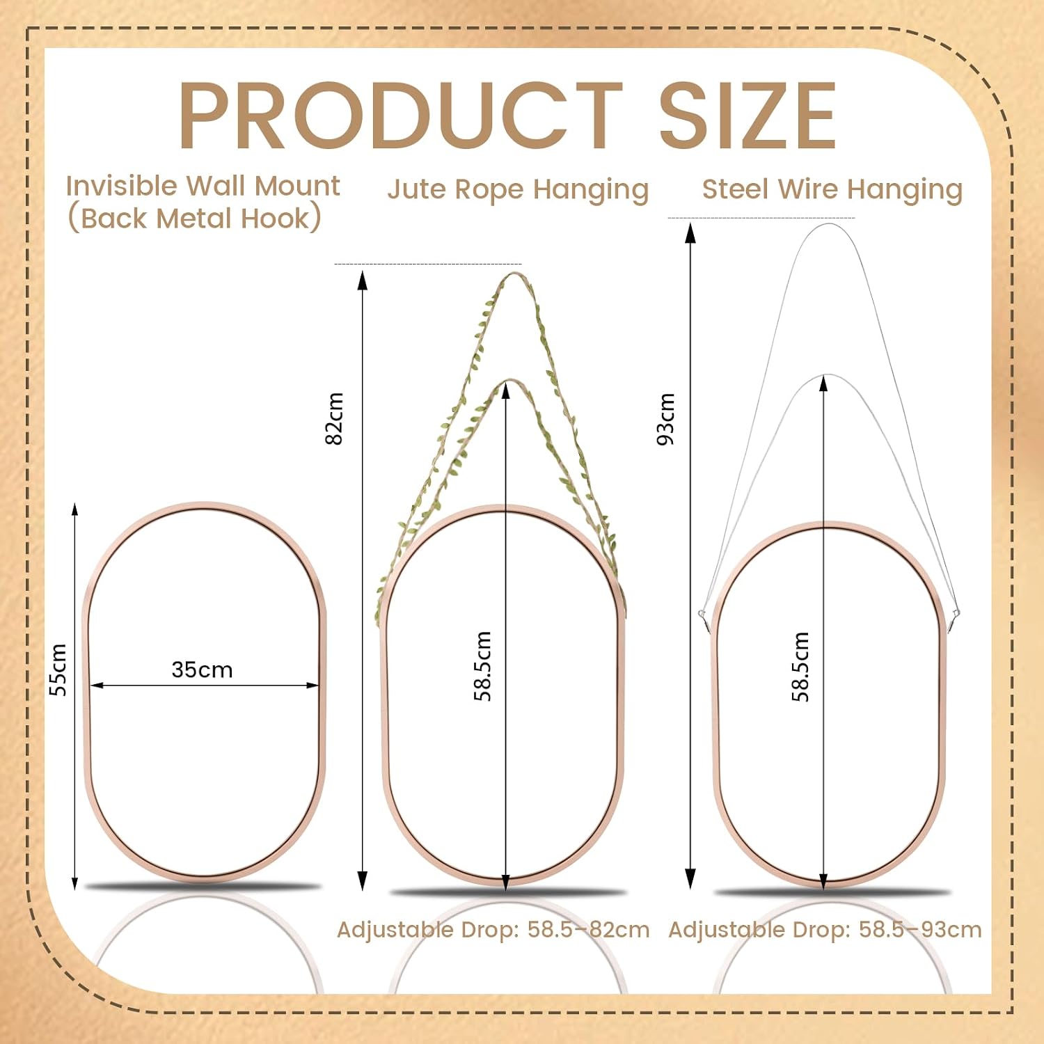 NCEDN Oval Wall Mirror 55×35cm – Hanging Chain or Hook Mount, Lightweight, Rust-Free Aluminium Frame, Bathroom, Bedroom, Living Room, Gold