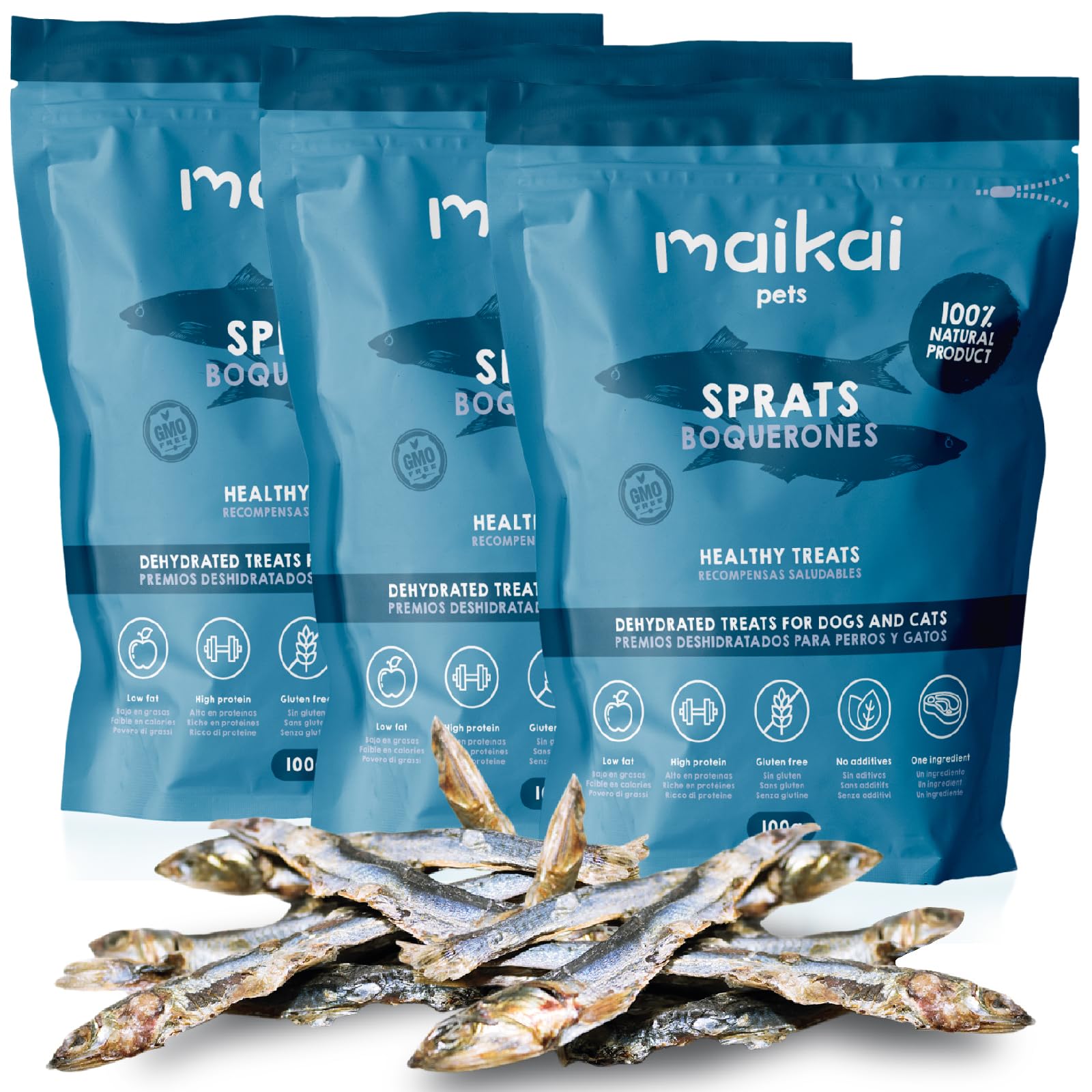 MAIKAI Chuches Naturales para Perros y Gatos Ricas en Omega 3 Boquerones Deshidratados 3x100 g Snack Barf 100% Natural para Todas Las Edades Premios Saludables Producidos en España