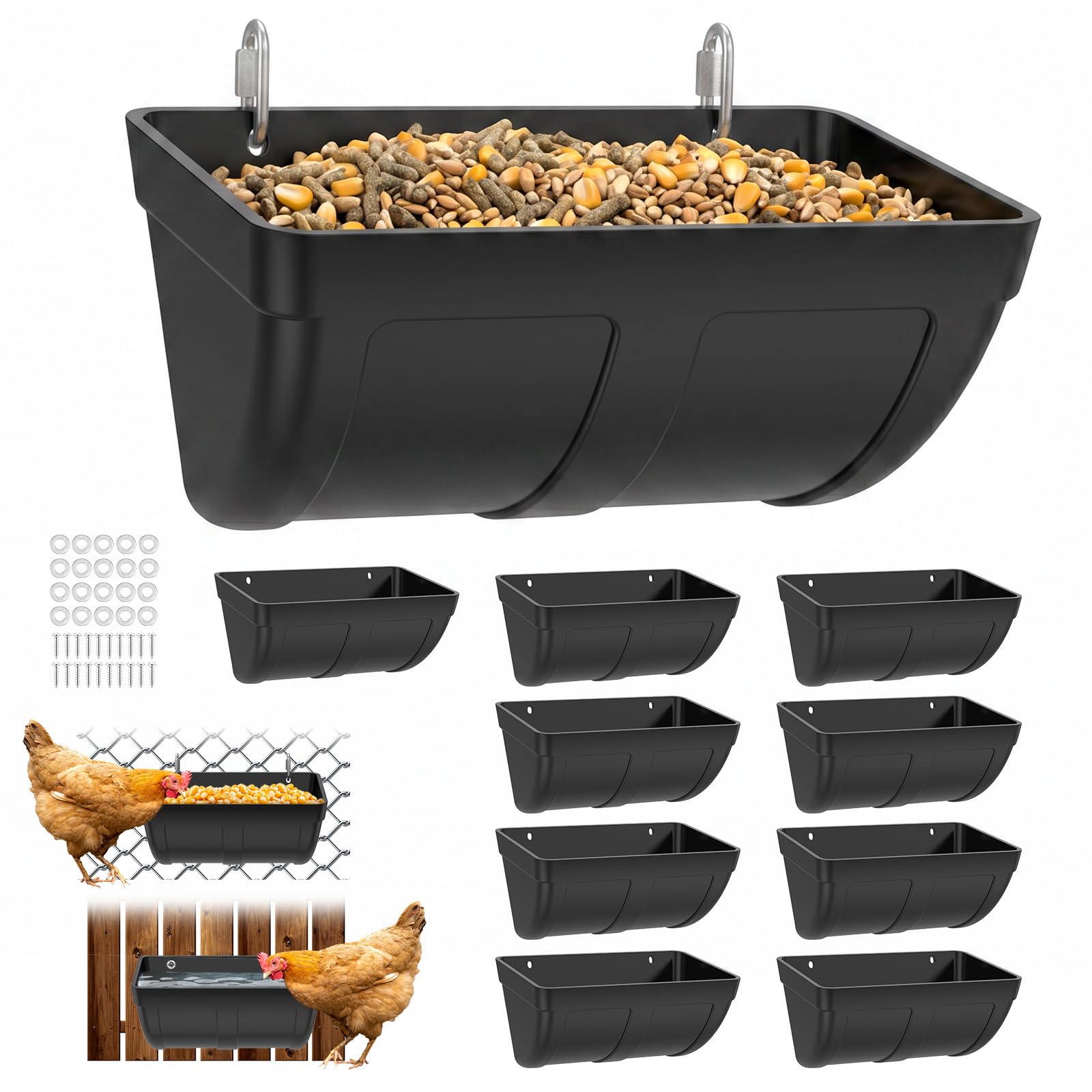 Comedero automático para pollos, verduras, 3,8 L, comedero automático y bebedero para pollos, cabras y patos, montaje en valla, cuenco impermeable para aves de corral y animales de establo (10