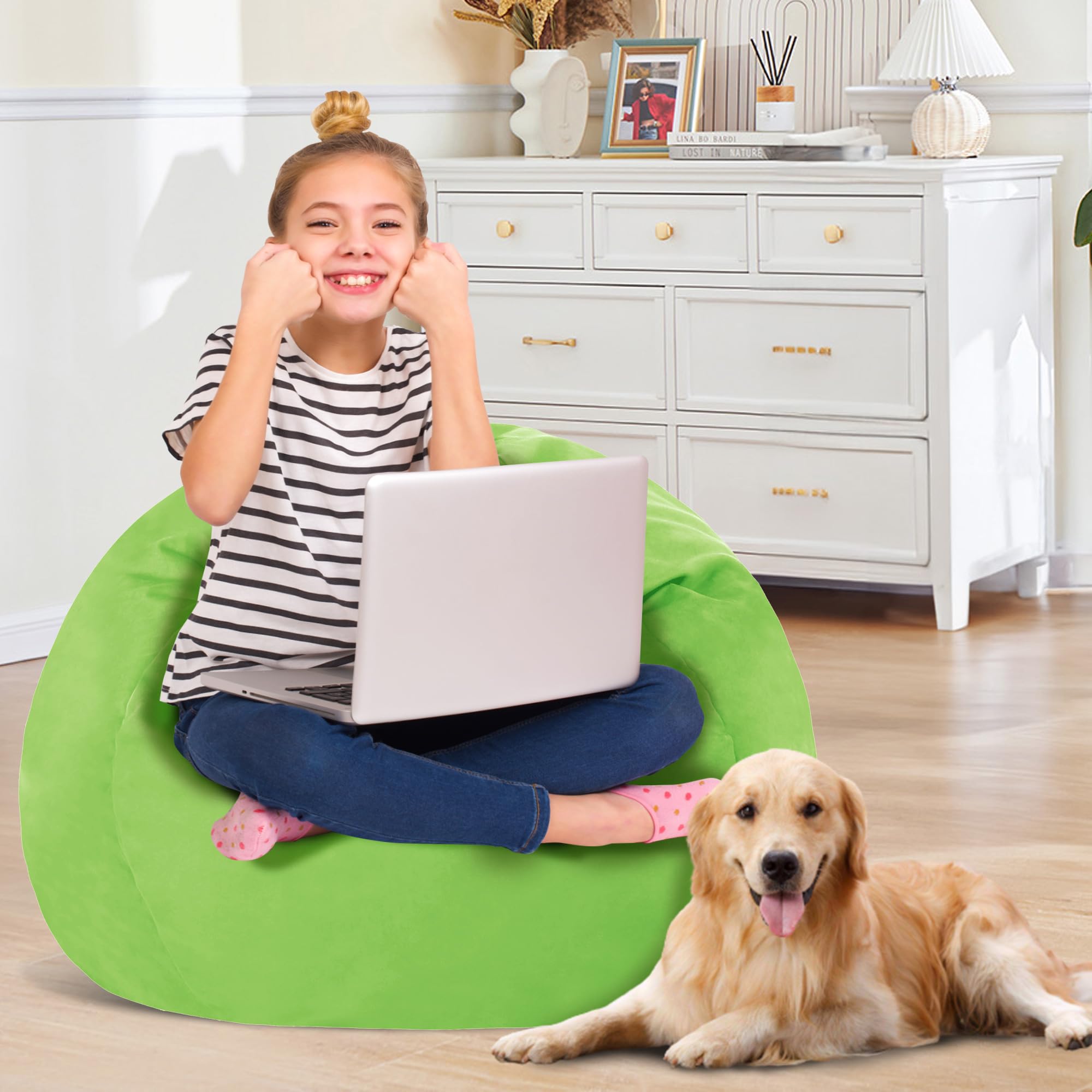 lilanoon 2.5FT Portable Bean Bag Chair(Grass Green),Small Bean Bags with Washable Comfy Dutch Velvet Cover, Rebound Sponge Liner & 2 Hidden Zipper