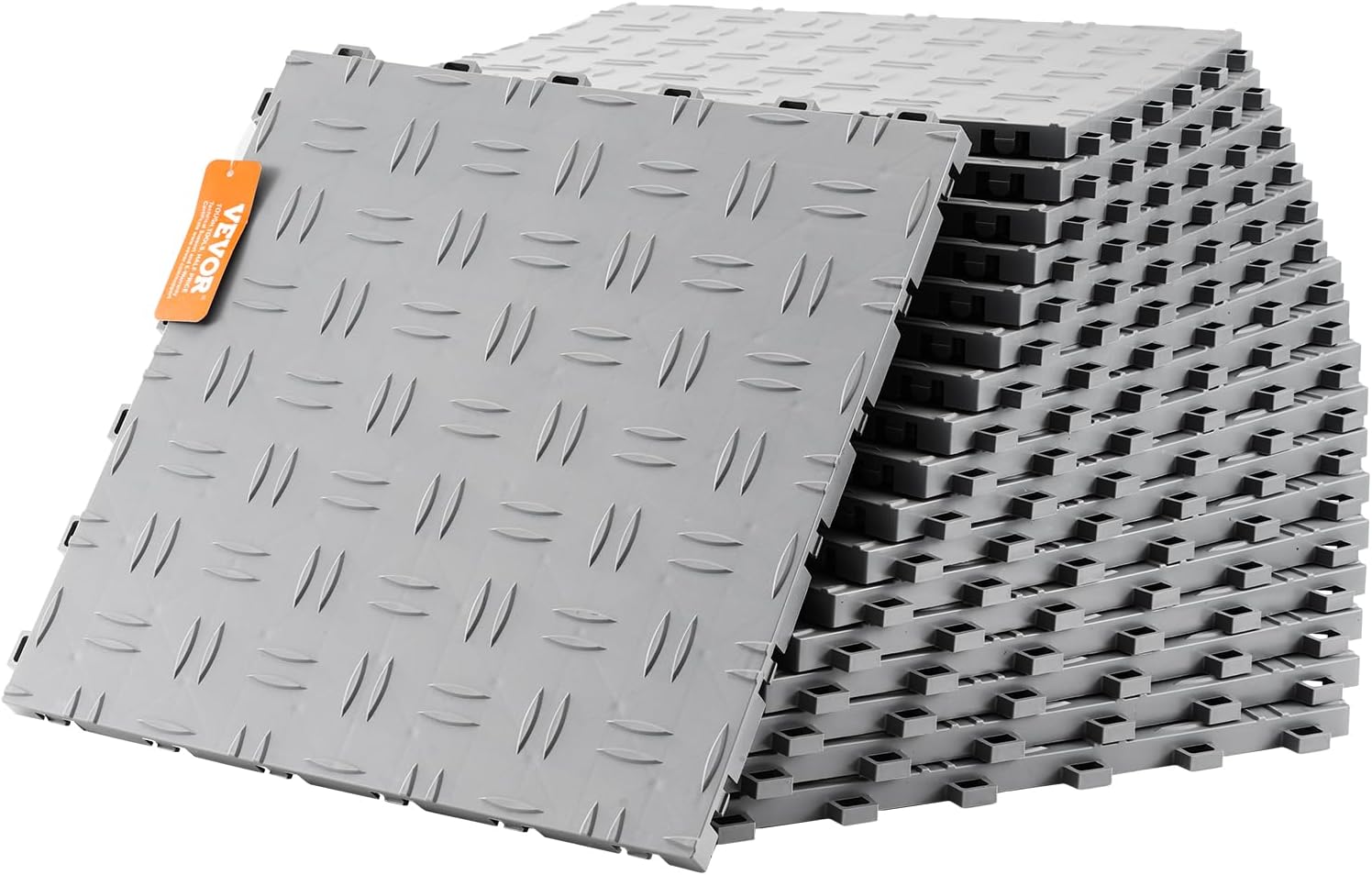 VEVOR Garage Tiles Interlocking, 12 x 12 x 0.53 inch 50 Pack Garage Floor Covering Tiles, Non-Slip Double-Sided Texture Garage Flooring Tiles, for Garages, Basements, Repair Shops, Silver Silver 50 Pack