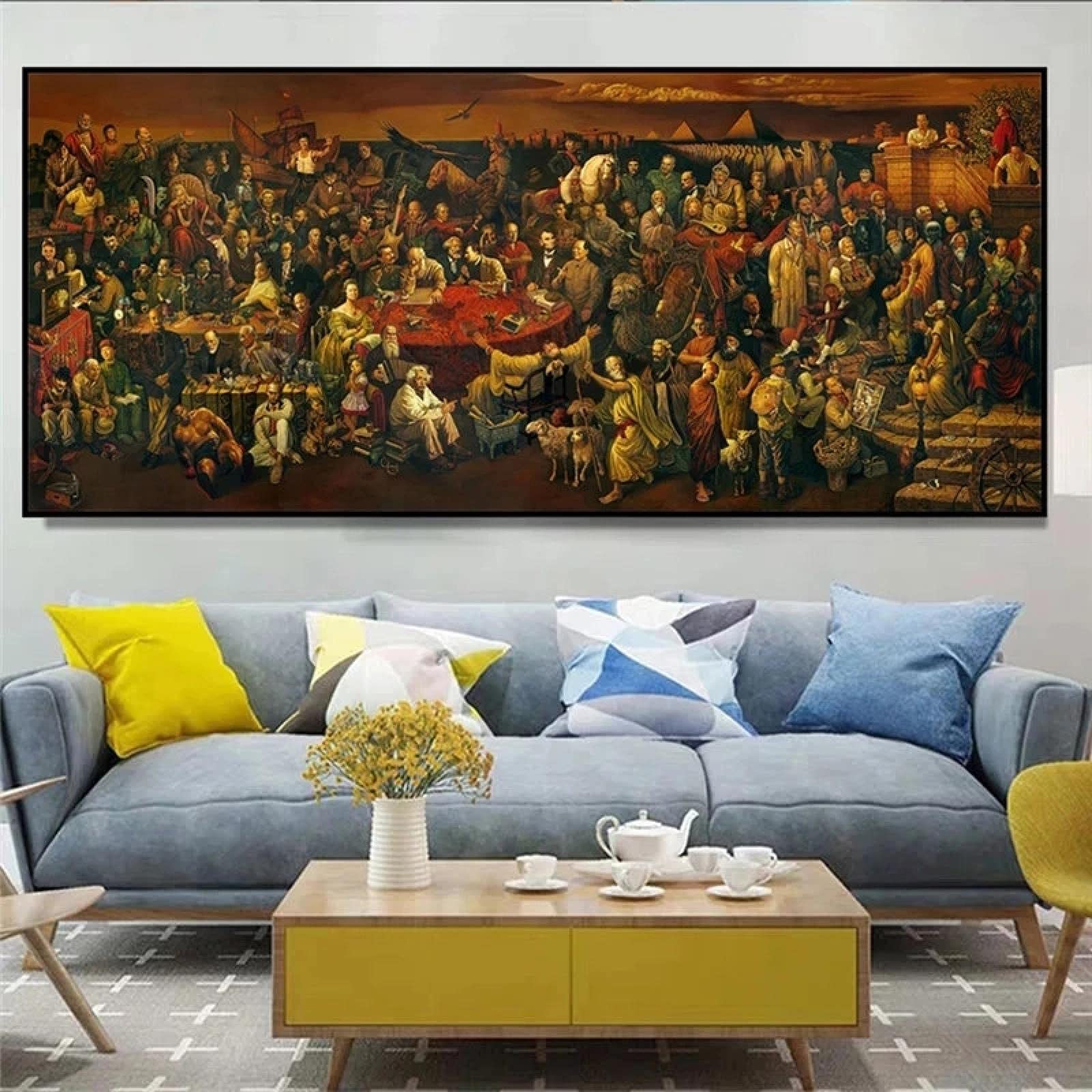 KADING Großes Leinwandbild Berühmte Persönlichkeiten Gemälde Diskussion über die Göttliche Komödie mit Dante Ölgemälde Drucke Poster für Wohnzimmer 50 x 105 cm (20 x 41 Zoll) mit Rahmen
