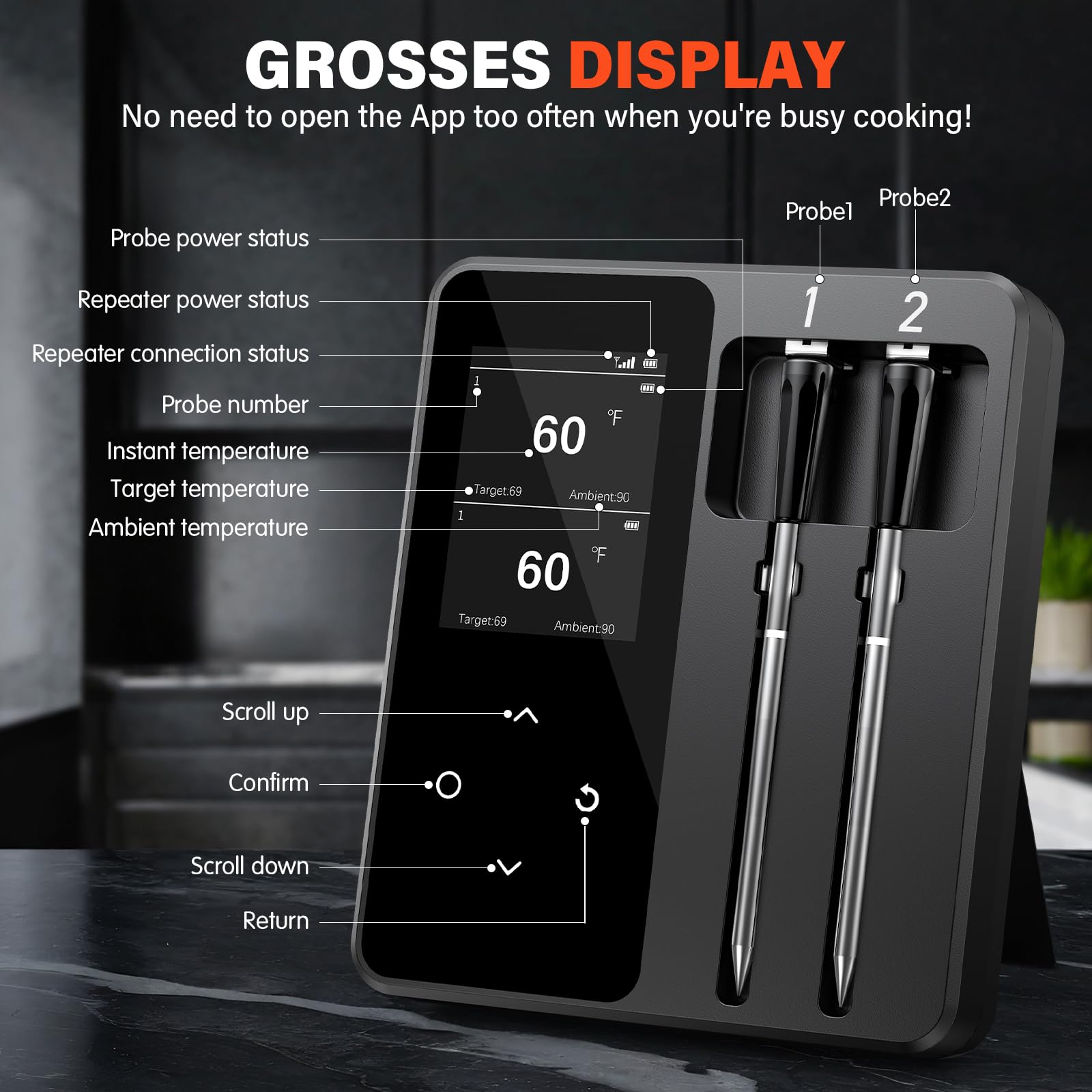 Thermomètre Cuisine Sans Fil avec 2 Sondes, Grand Écran LCD, 130m Meat Thermometer Bluetooth avec Smart APP, Sonde Temperature Connectée pour Barbecue, Four, Grill, Fumoir, Rôtisserie, Airfryer