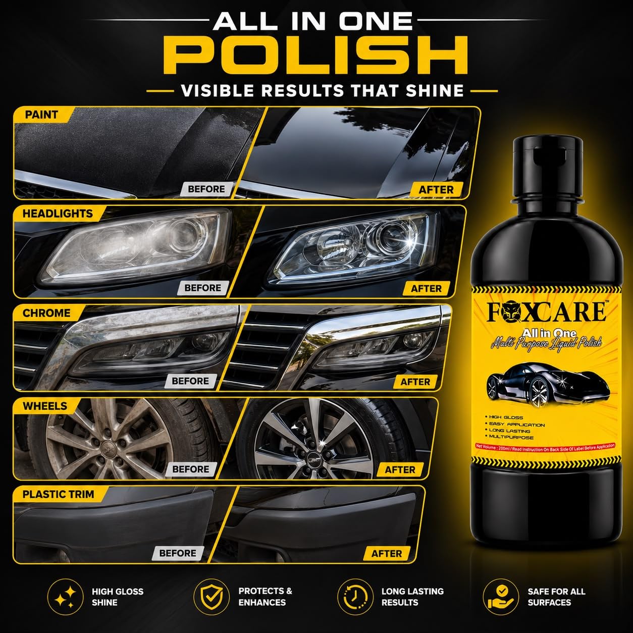 Foxcare All In One Polish 200ml | Car & Bike Liquid Polish | Removes Minor Scratches, Water Repellent Coating | Dashboard Plastic Fibre Restorer | Shine Enhancer & Paint Protection 2