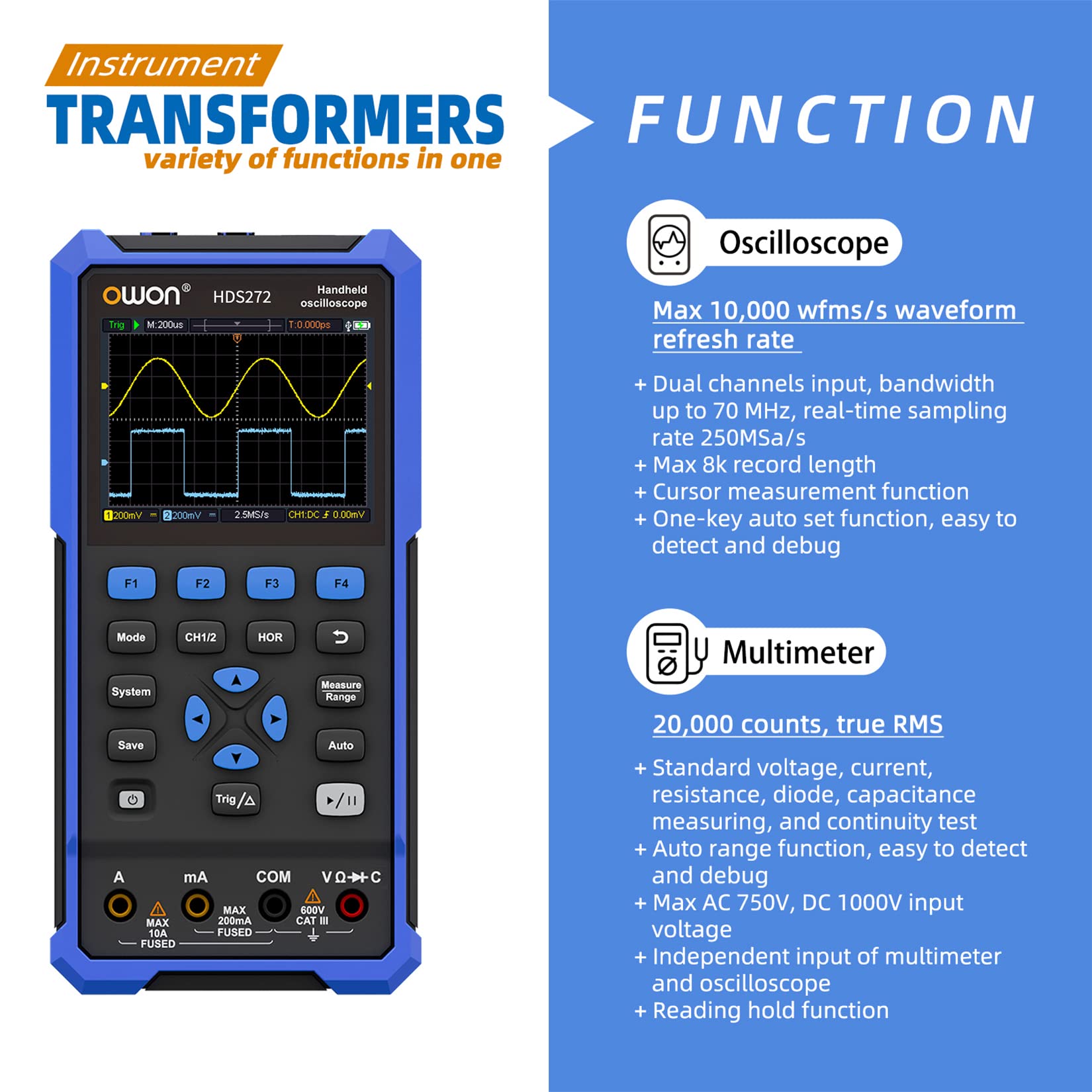 OWON HDS272 2 in 1 Handheld Oszilloskop, 70MHz Bandbreite USB Typ C mit 3,5 Zoll LCD Display, 20000 Zählungen Digital multimeter, 2 Kanal Digital Oszilloskop