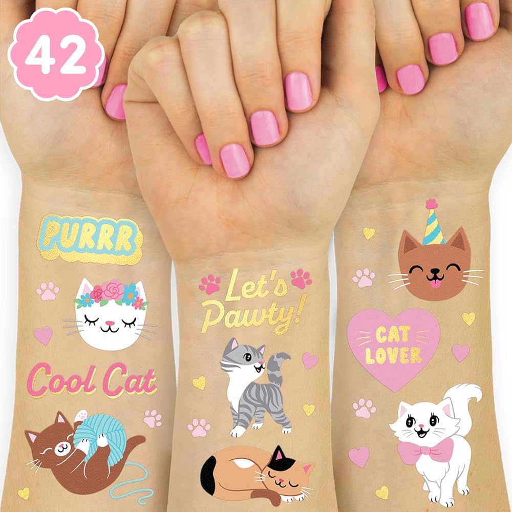 xo, Fetti Cat Temporary Tattoos for Kids - 42 Glitter Styles | Animal Birthday Supplies, Pet Lover Party Favors, Meow Arts and Crafts