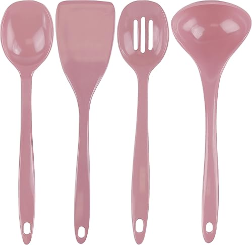 Calypso Basics - Juego de utensilios de cocina 100% melamina que no se raya, cuchara, cuchara ranurada y espátula, 4 unidades, color rosa