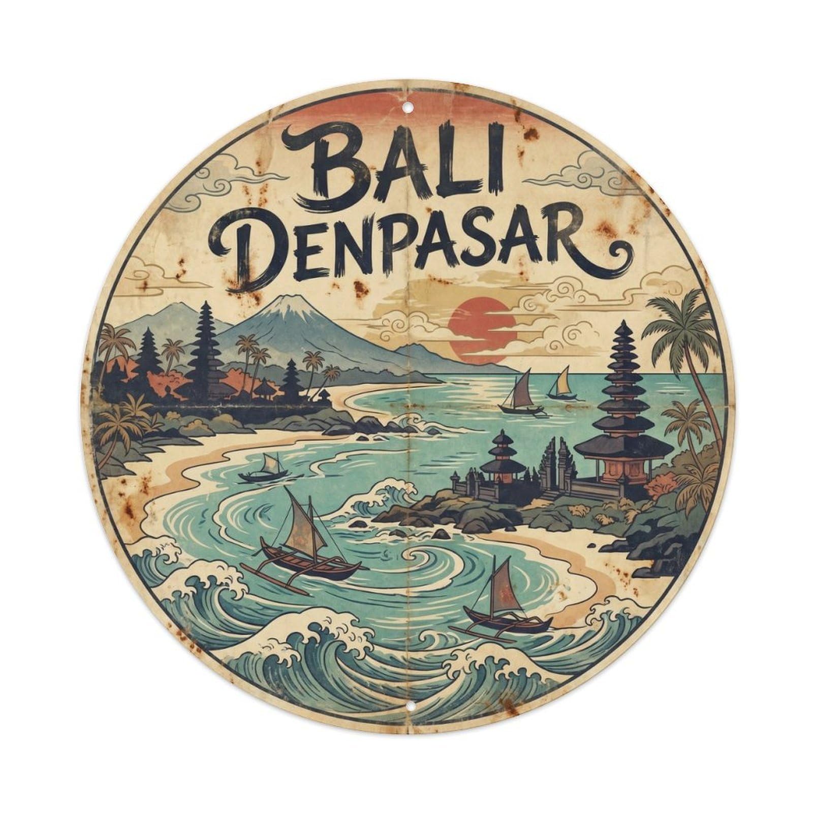 Olyhtr 8X8inch Classic Style Bali Denpasar Southeast Asia Ink Illustration Metal Tin Sign
