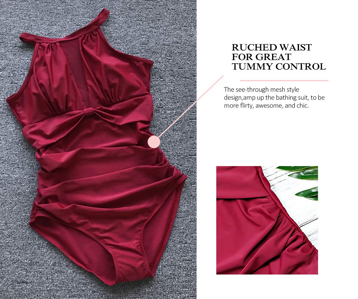 Maillot de bain une pièce pour femme uni plissé rétro Maillot de bain contrôle abdominal Monokinis avec short de sécurité