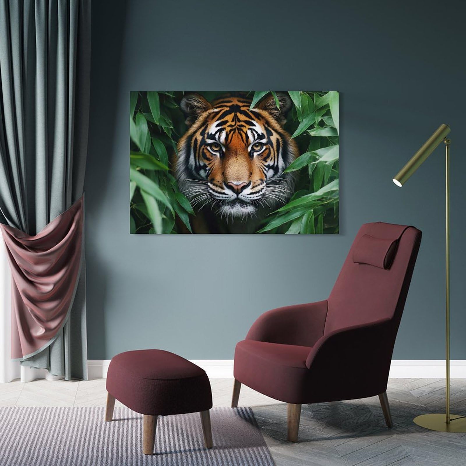 Junmoney Tiger Portrait in Lush Green Foliage Canvas Wall Art 12x18inch(30x45cm), for Wall Displays, Bedrooms Or Room Updates, Ideal for Building A Coordinated Art Wall