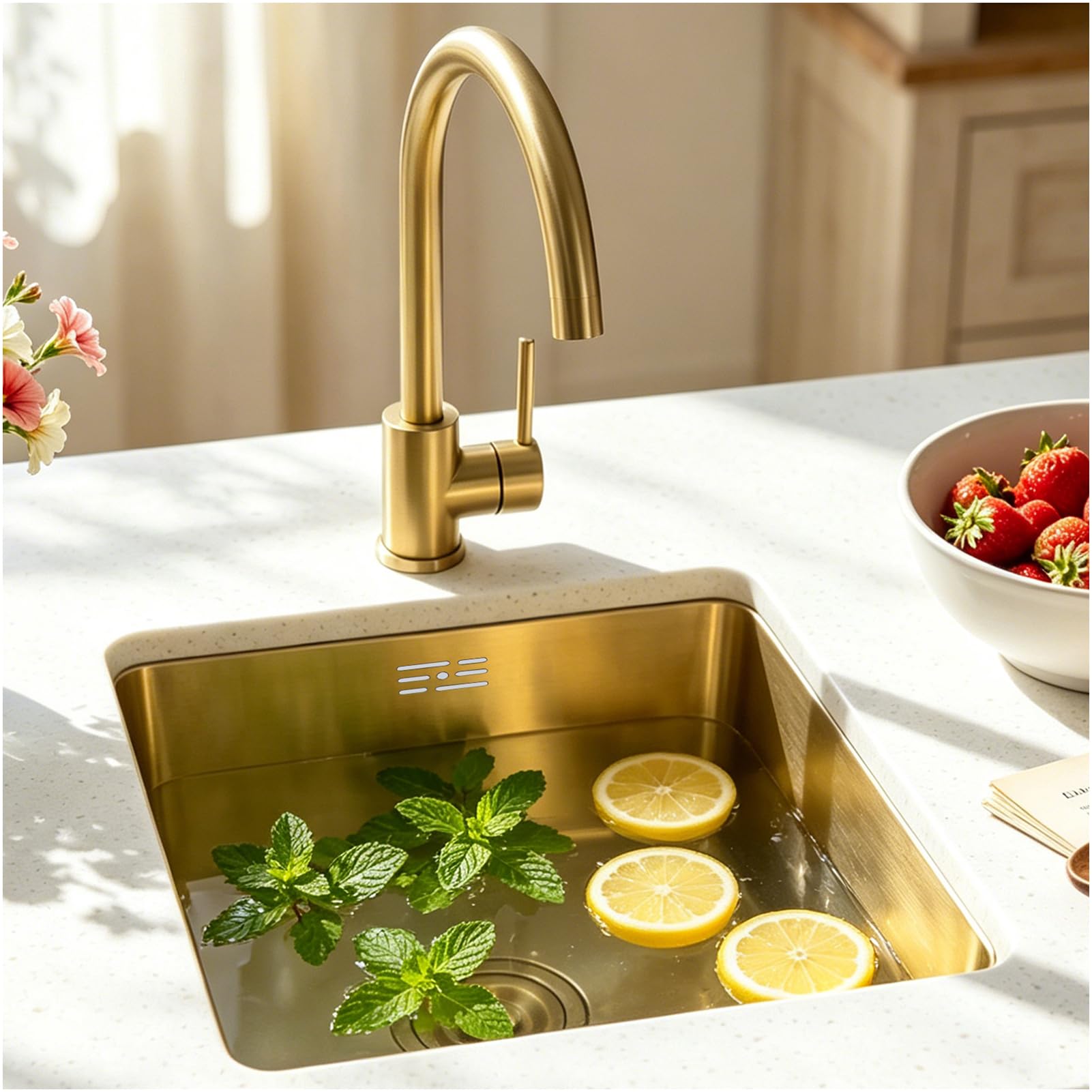 Golden Kitchen Sink 17.7 x 17.7 inches, large golden tray for bar and kitchen, square gold-colored sink, tray for bar, under-counter or on-counter sink, stainless steel with siphon and — image 1