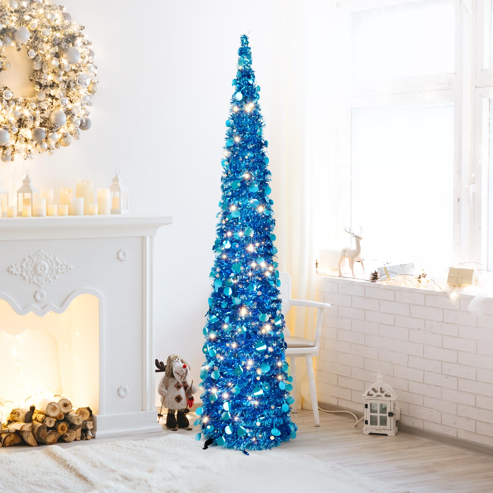 5FT Pop Up Tinsel Christmas Tree with Lights, Collapsible Pencil Xmas Trees with Round Sequins Reusable for Fireplace Home Office Indoor Holiday Party Decoration, Blue