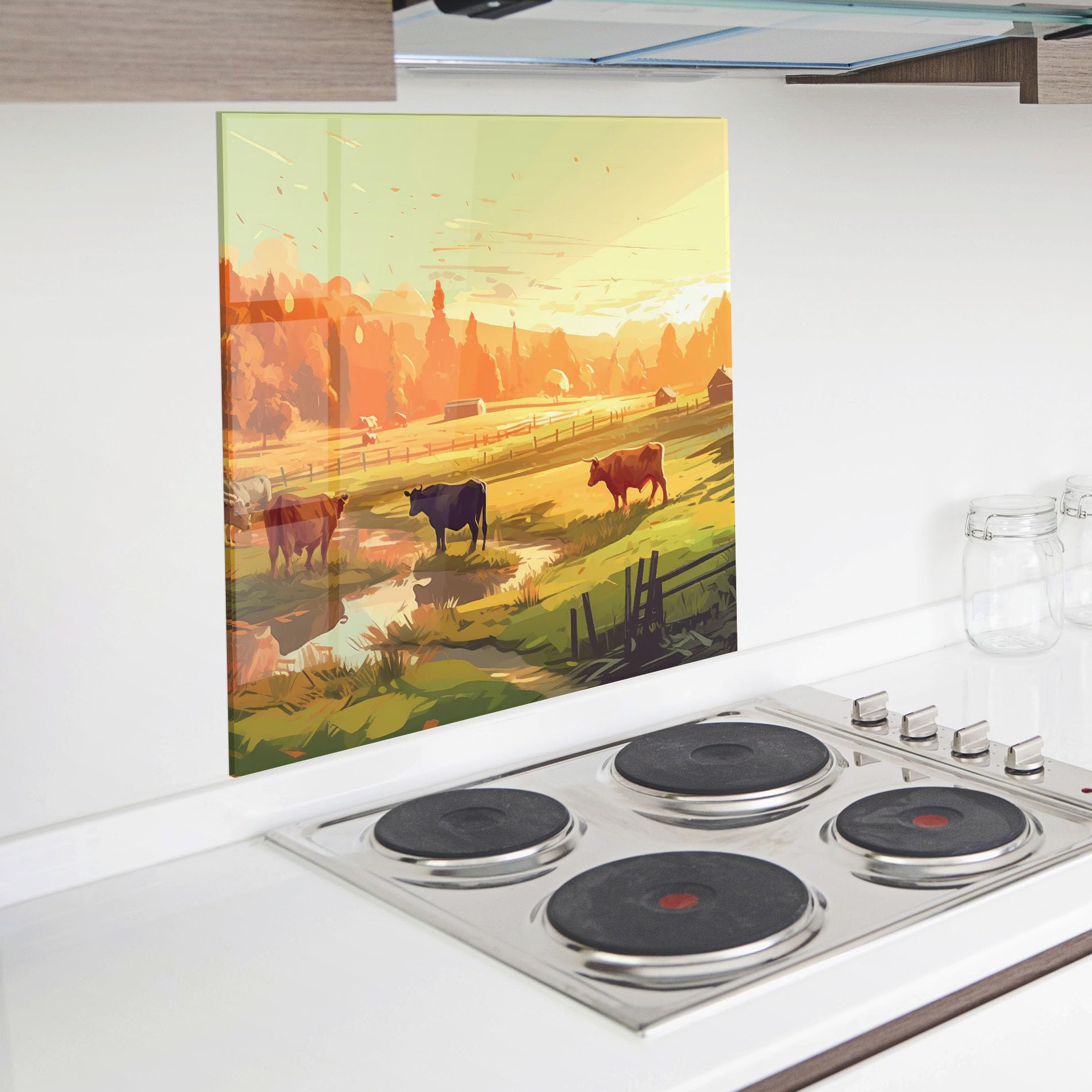 ARTHUB® Crédence de Cuisine en Verre 60x60 cm, Farm Sunlight | Protection Contre Les éclaboussures, Revêtement Mural en Carreaux, Plaque en Verre, Verre trempé, Paysages, Campagne
