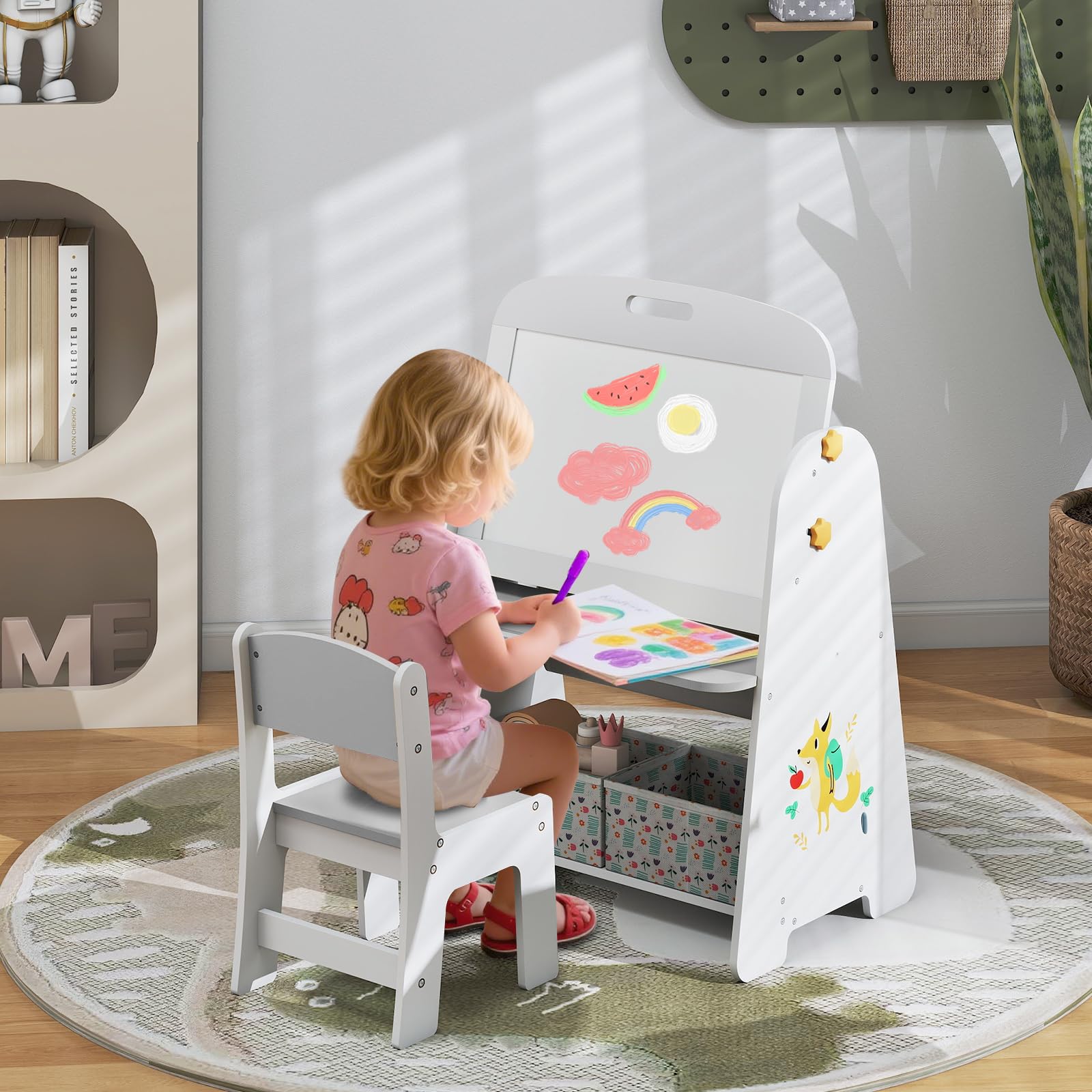 HOMASIS 4 in 1 Set di Tavolo Artistico per Bambini con Sedia, Scrivania, Lavagna Magnetica, Lavagna Nera e Scaffale, Cavalletto Regolabile in Angolo con Gomma e 5 Gessetti (Naturale)