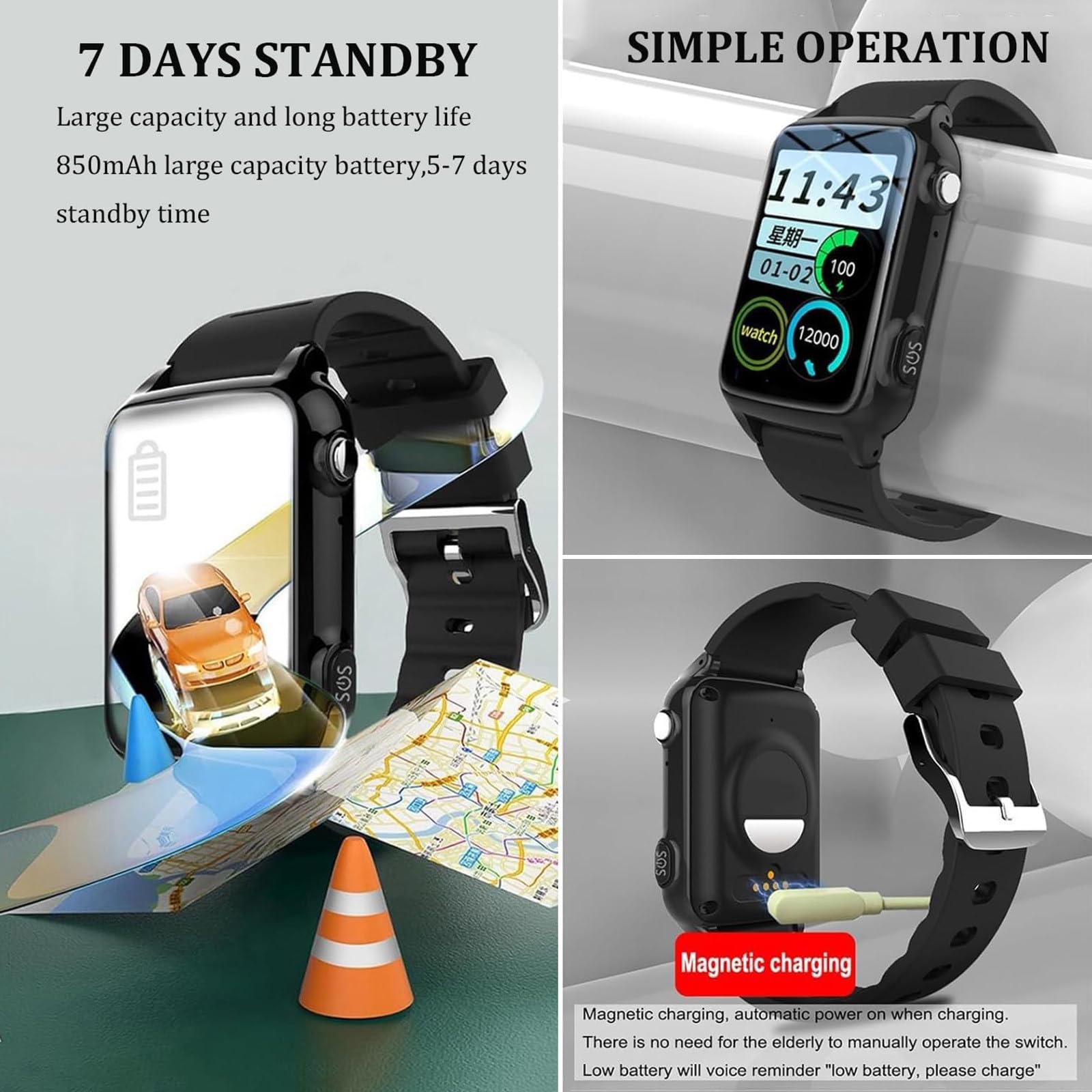 Reloj Inteligente 4G, Diseñado Específicamente Para Personas Mayores, Cuenta Con Detección De Caídas + Botón De Emergencia SOS, Posicionamiento GPS, Un Regalo Que Satisface A Los Padres Black