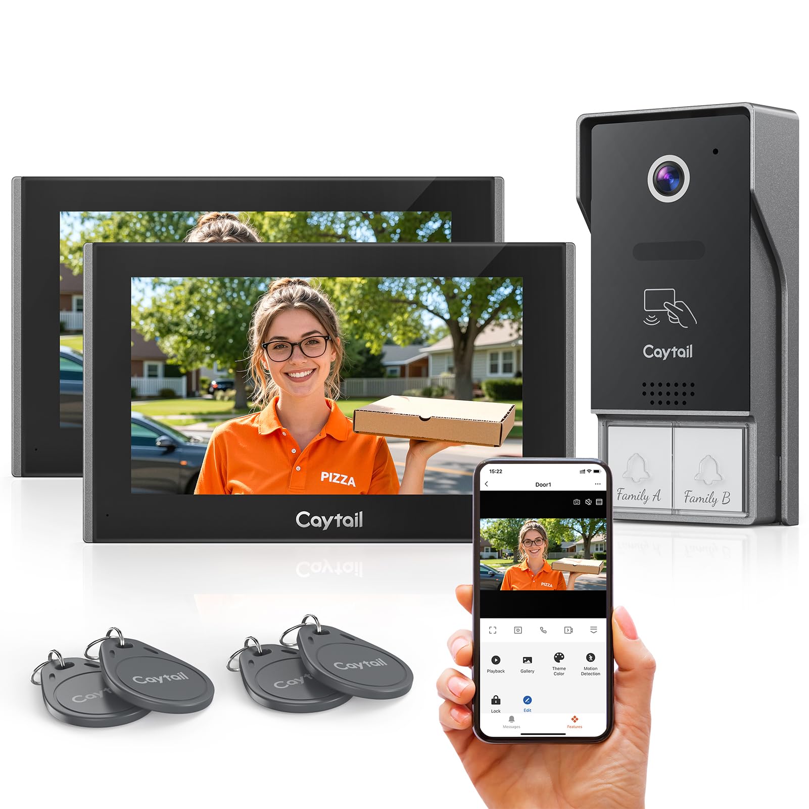 Kit Videocitofono 2 Fili WiFi6 Dual Band 2 Famiglie, Schermo Touch 7" IPS, Telecamera 1080P Visione Notturna, Audio Bidirezionale, Sblocco Remoto, RFID, Rilevamento Umano