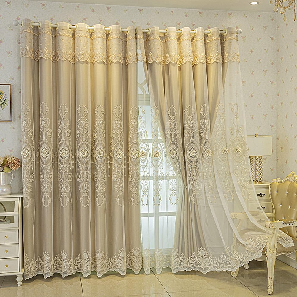 Amidoudou 1 Pair European Double Layer Curtains for Living Room Bedroom 3D Flower Embroidered Curtains with Valance (Gold,51x90 Inch)