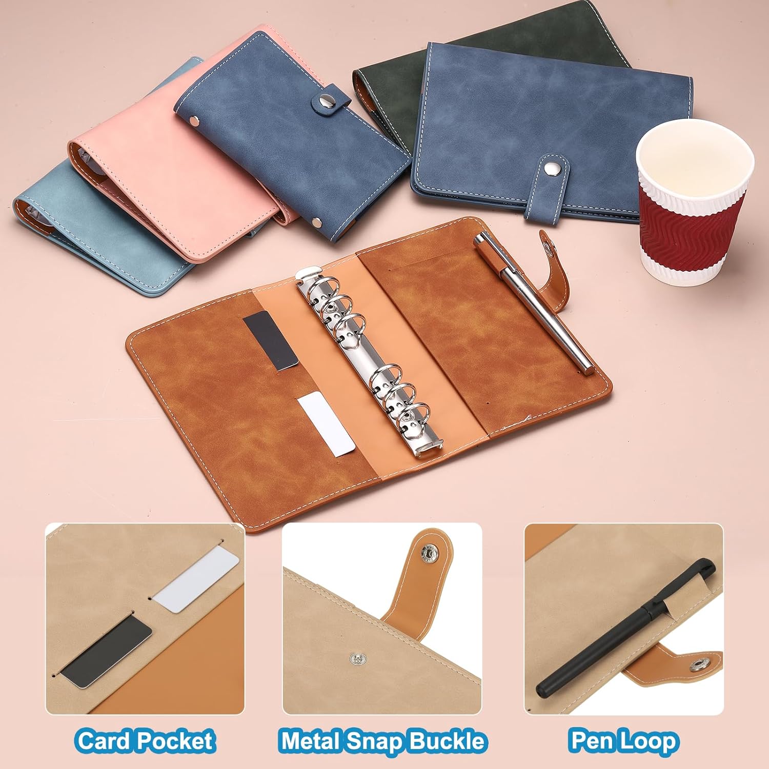 PATIKIL A6 PU Leather Binder Cover, 6 Ring Loose Leaf Binder Protector Round Ring Binder Cover Refillable Notebook Binder for Meeting Photocard Budget Notebook Folder, Khaki - Image 3