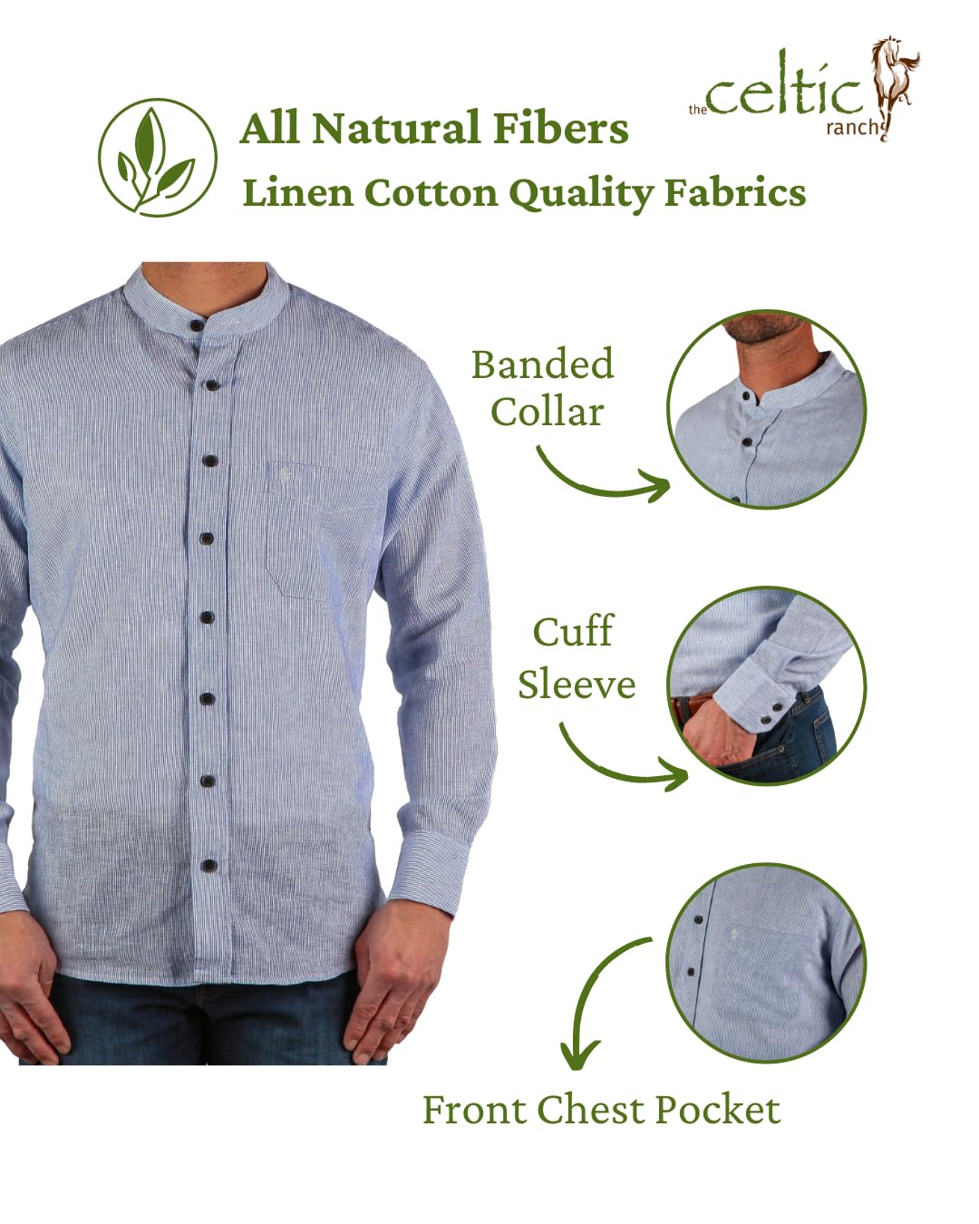 The Celtic Ranch Camisa tradicional irlandesa sin cuello para abuelo, camisa de vestir ligera de lino y algodón de manga larga para hombre