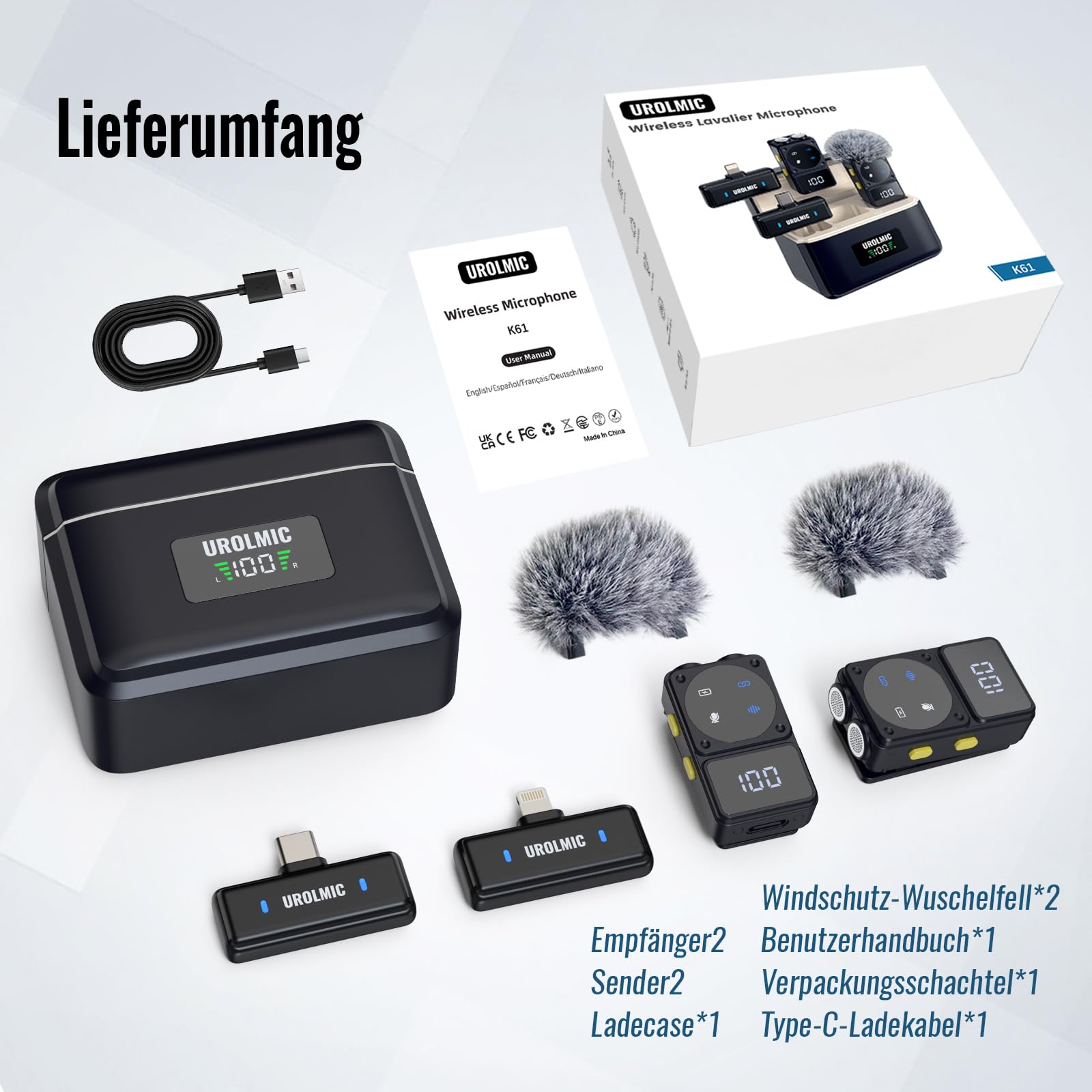 Kabelloses Lavalier Mikrofon mit Digitalem Display & Ladecase, 45H Batterie, 50m Reichweite, Rauschreduzierung, Lightning/USB-C für iOS- und Android-Geräte, für Videos, Vlogging, Streaming
