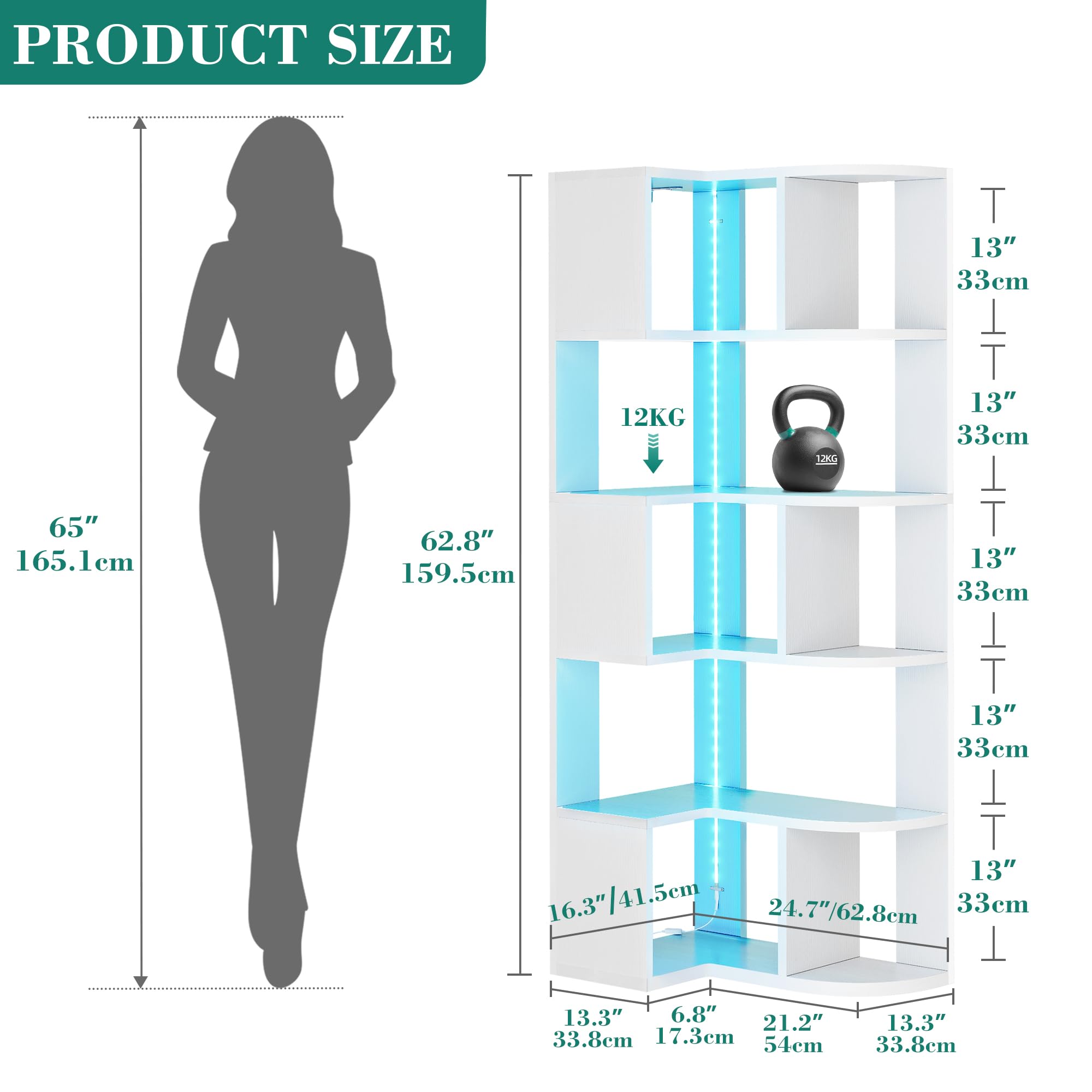 YITAHOME Libreria angolare a 6 ripiani con LED, a forma di L, scaffale angolare, scaffale da pavimento, per ufficio, studio, soggiorno, camera da letto, 64 x 41,5 x 159,5 cm, bianco