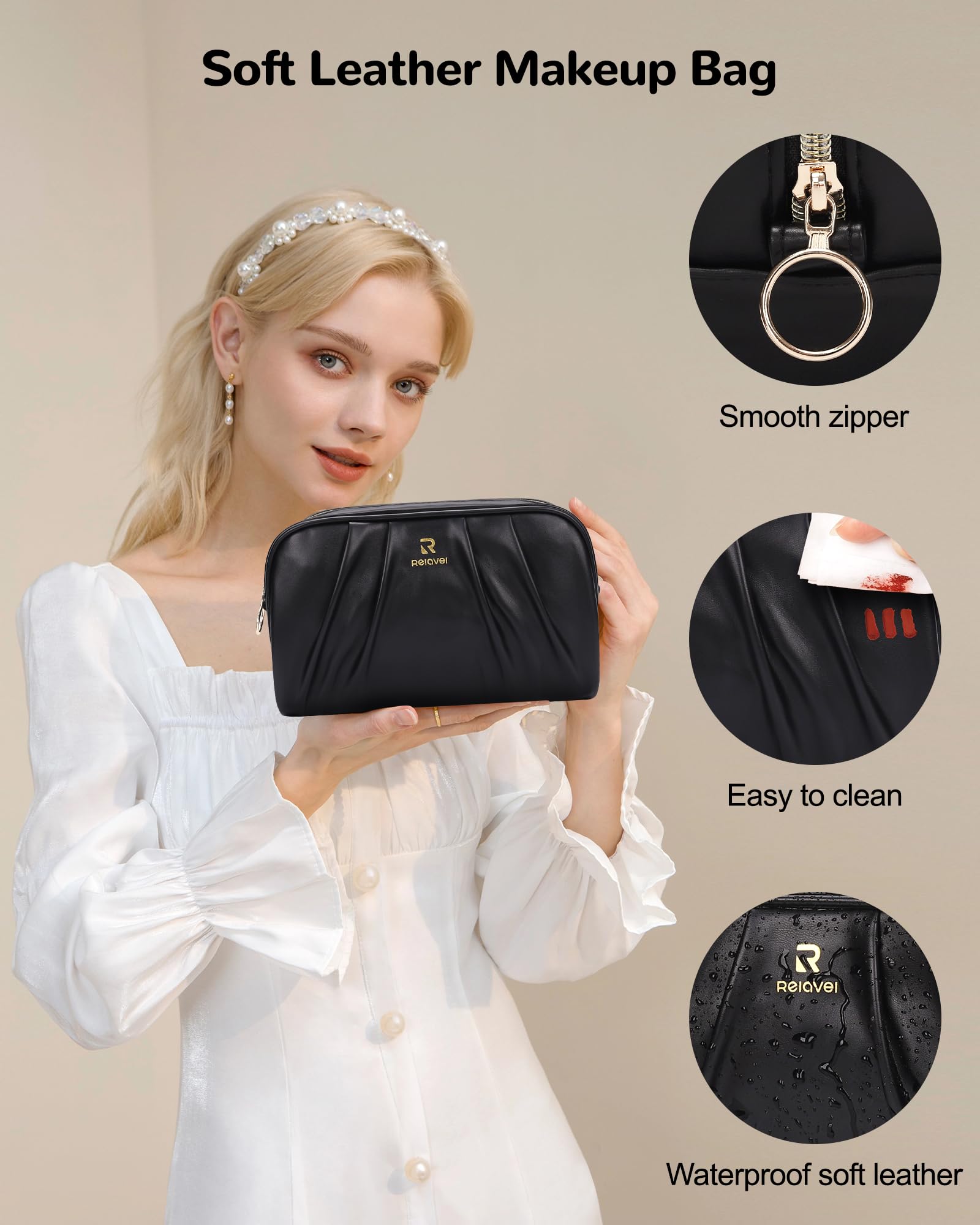 NAONAYA Travel Makeup Bag Organizer for Cosmetics,Waterproof Toiletry Bags Large Capacity Make up Case,Easter Birthday Gifts for Gilrs and Women,Black PU Leather