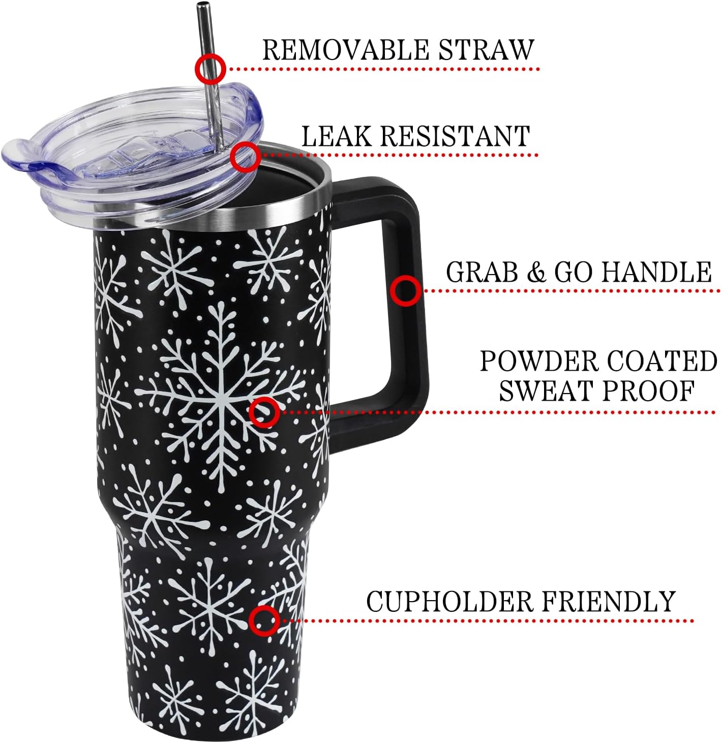 Christmas Tumbler with Handle and Straw Lid 40 oz,5D Cute Christmas Gifts for Women Black Snowflakes Vacuum Insulated Leak Proof Tumbler,Winter Holiday Accessories Stainless Steel Coffee Cup Mug - Image 3