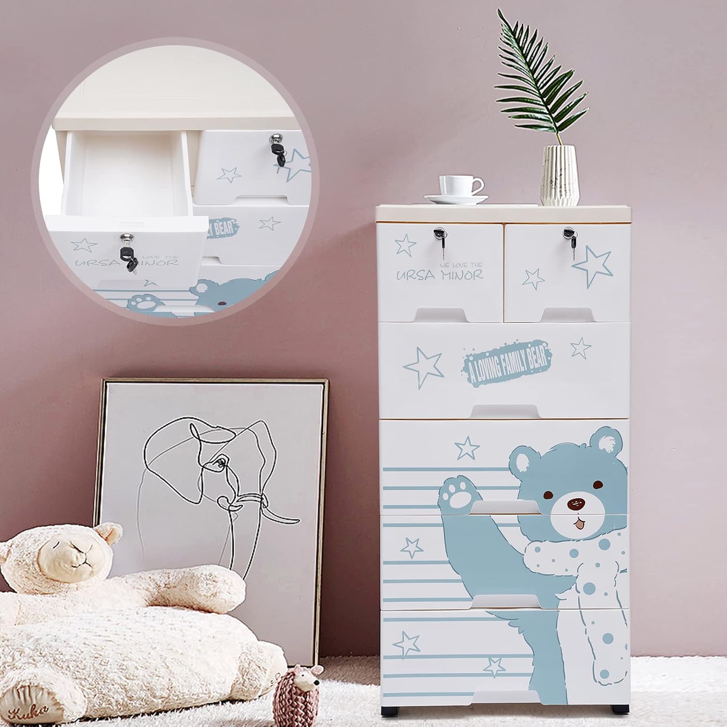 5 Layers Plastic Dresser, 19.7 * 13.7 * 40in Storage Cabinet with 6 Drawers Tall Dresser Organizer Storage Cabinet with Wheels and Lock for Clothes, Dolls, Items, Toys (Polar Bear Pattern)