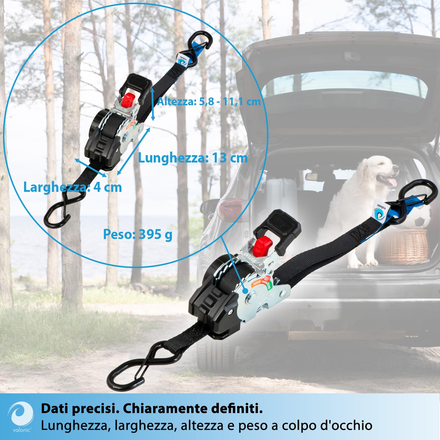 valonic CRETA 2 m, mini cinghie a cricchetto, per auto e rimorchio, set da 4, 150 kg forza di ancoraggio, 19 mm, per uso quotidiano e trasporto