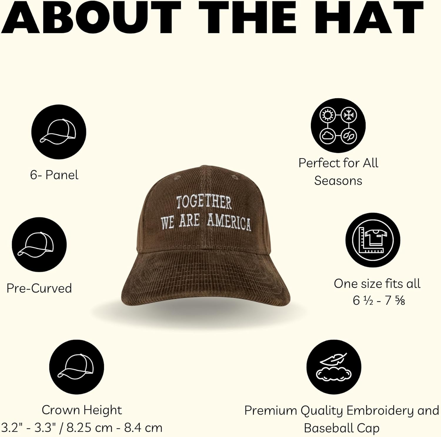 Corduroy Baseball Cap, Brown, Together We are America Embroidered Text, Adjustable Strap, One Size, Unisex Adult, Casual Style
