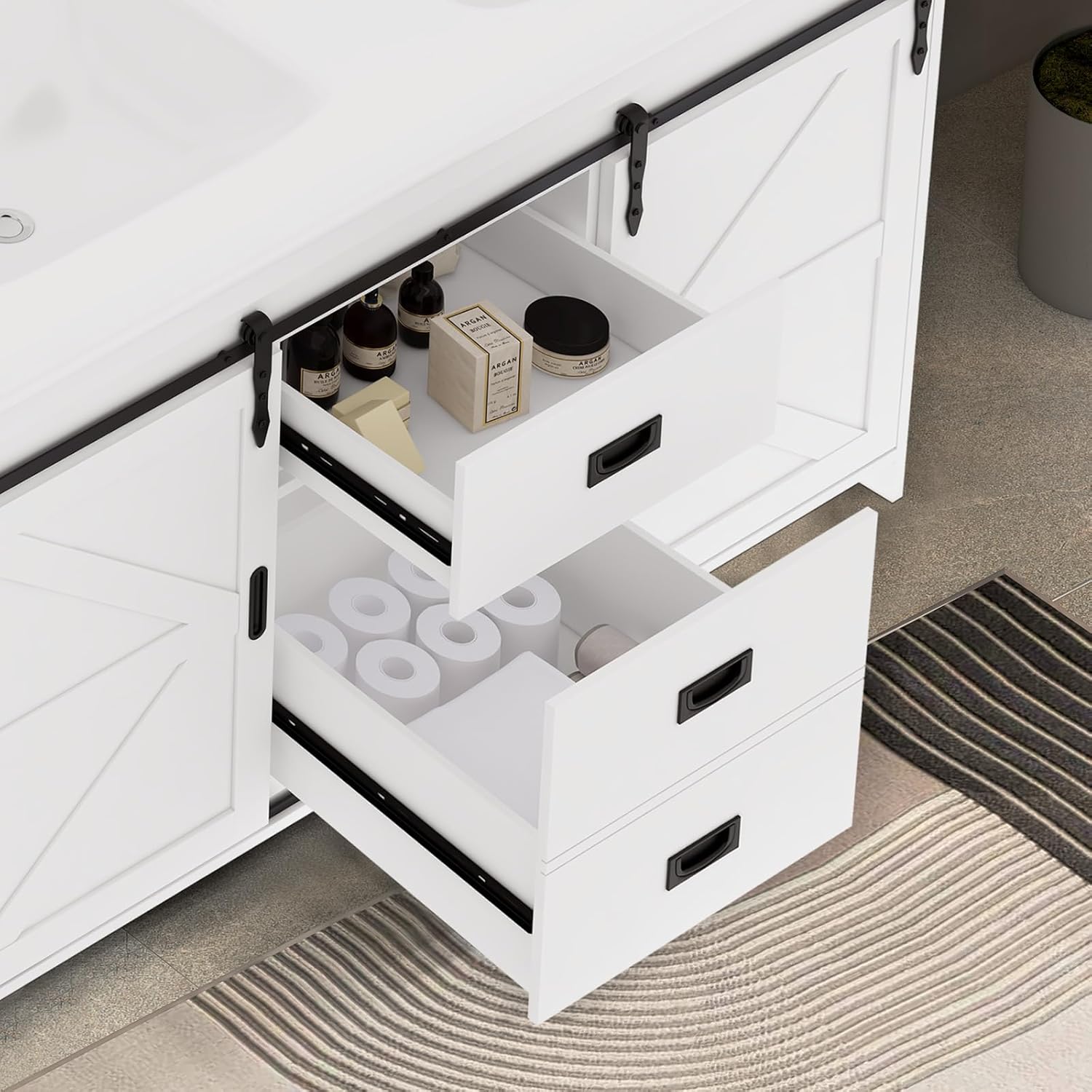 JBLCC 48" Bathroom Vanity with Sinks, Farmhouse Sliding Barn Doors Vanity, 2 Large Drawers with Metal Handles, Freestanding Bathroom Vanity Cabinet, White