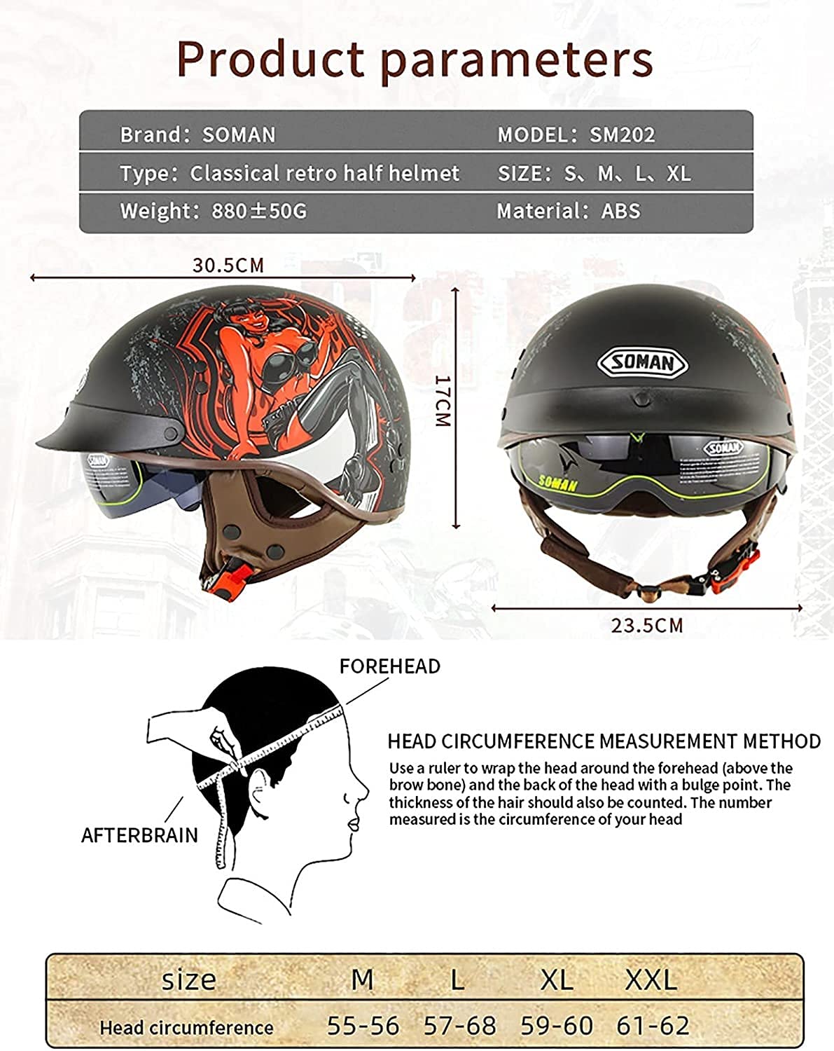 Halve Motorhelm Cruiser Chopper Biker Zwart ECE/DOT Goedgekeurde Volwassen Motor Scooter Helm voor Mannen en Vrouwen Vintage Duitse Stijl G,XL