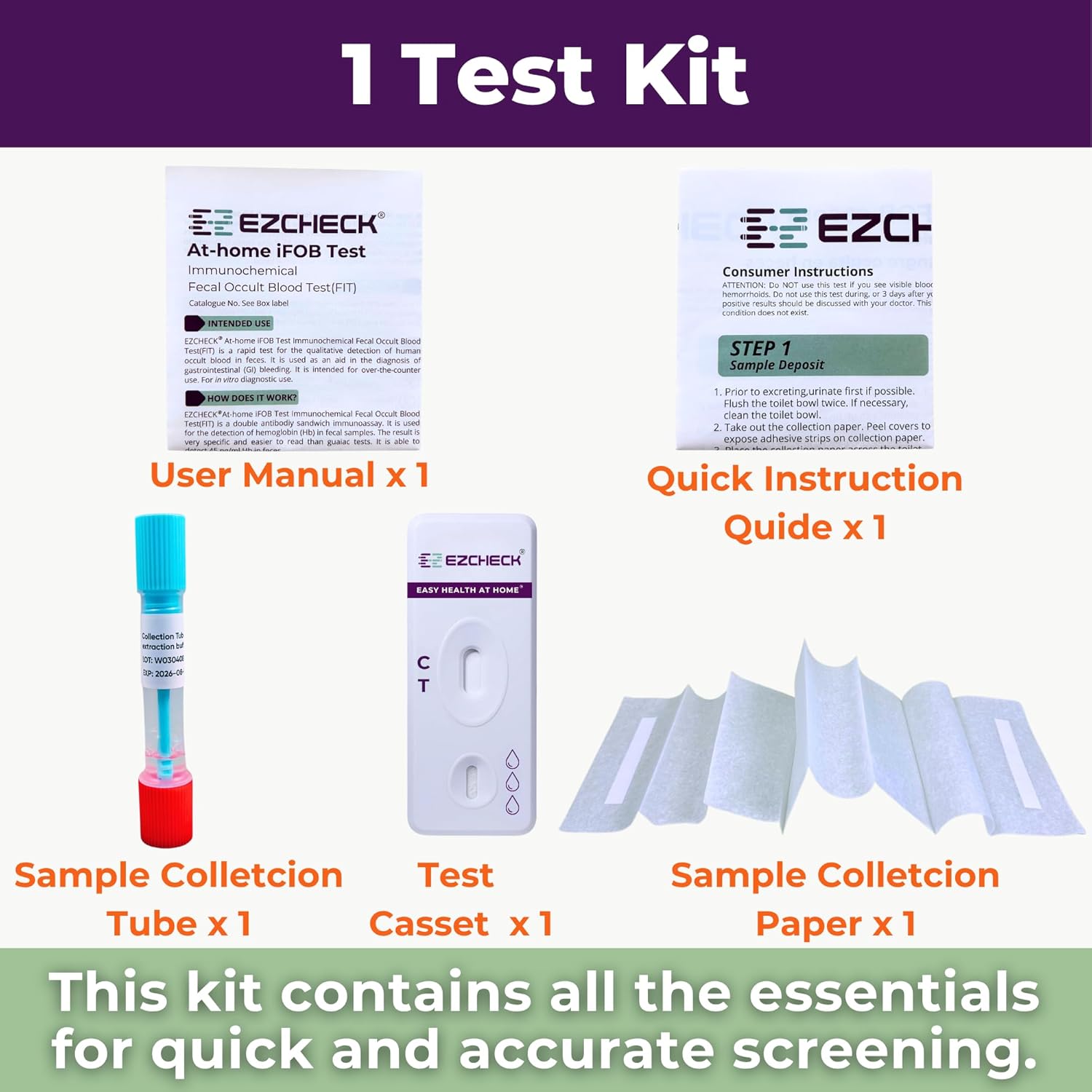 EZCHECK® At-Home iFOB Test (1 Test) Immunochemical Fecal Occult Blood Test (FIT) for Colon Health Screening, Colon Cancer Screening, Colorectal Cancer Screening, Colon Disease Test